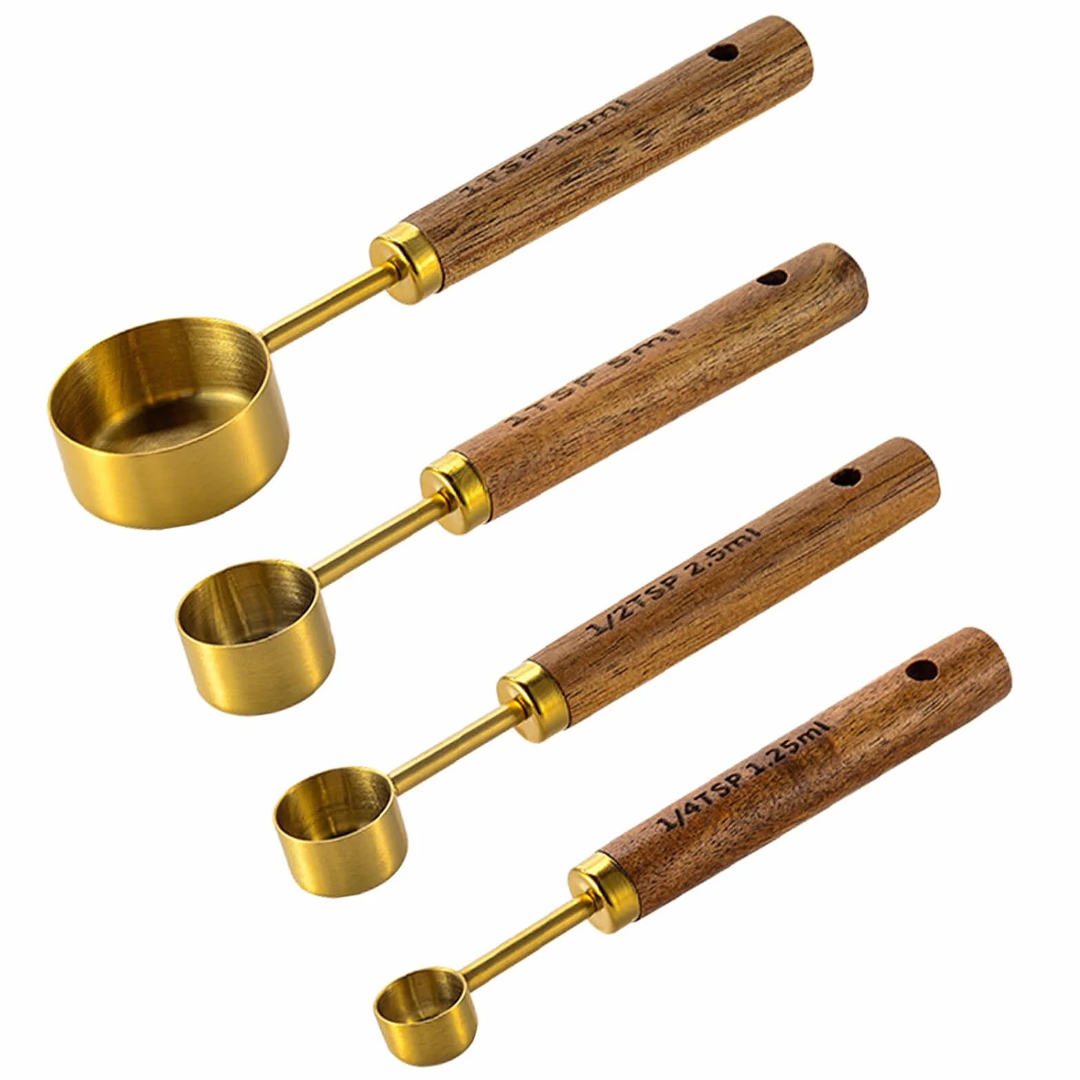 Ensembles de Cuillères Doseuses Inoxydable, 4 Pièces Cuillères à Mesurer avec Manche en Bois pour Cuisson (Or)