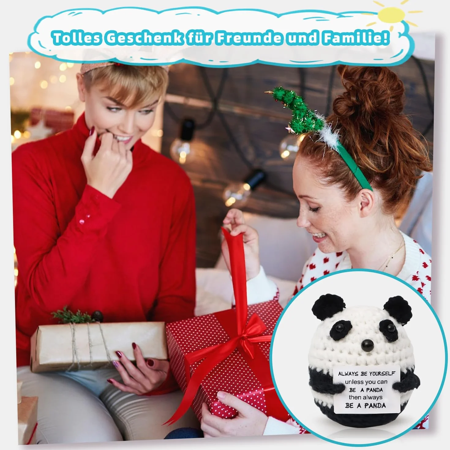 Poupée tricotée à la main en laine Mini Panda, cadeau positif avec carte inspirante pour femme