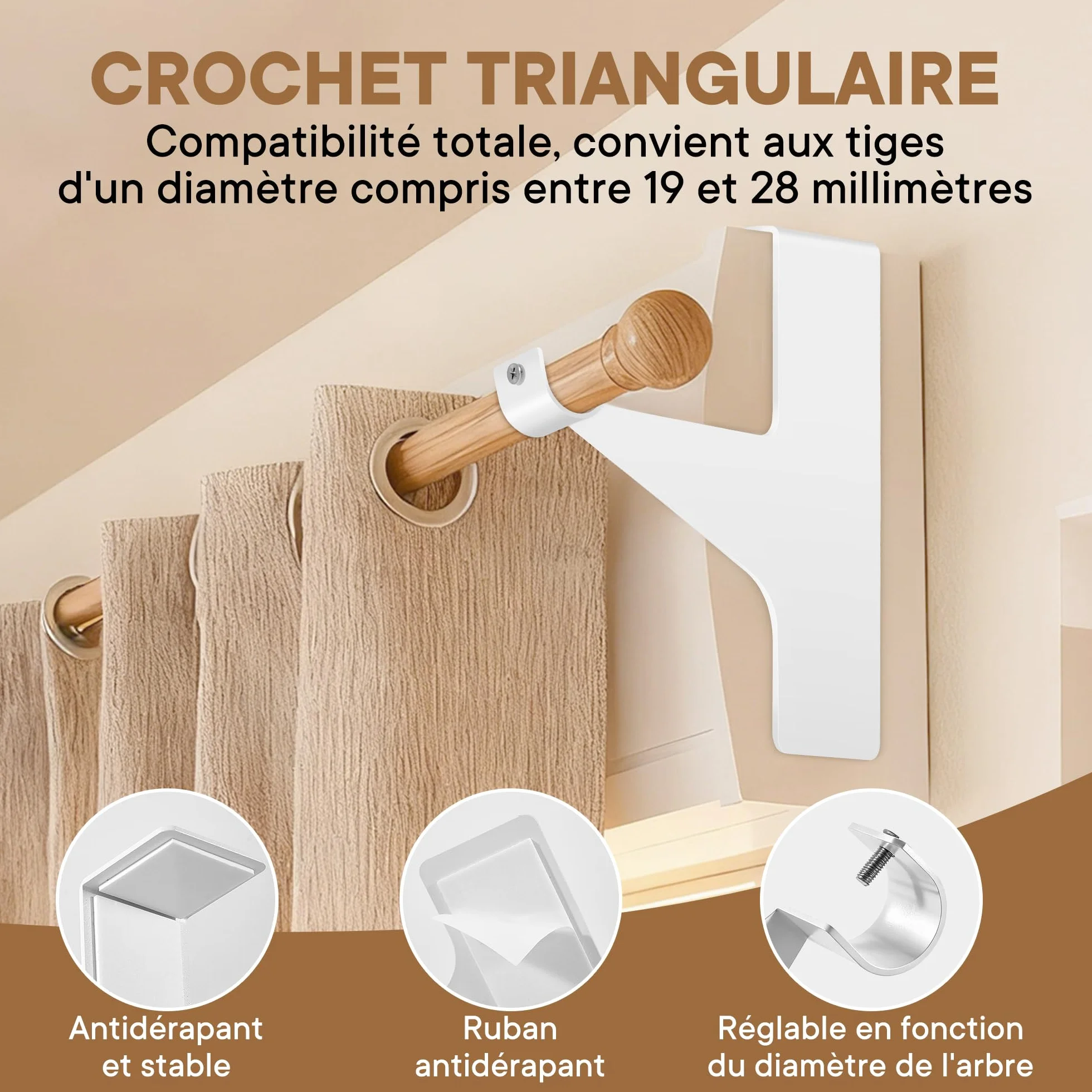 Support Tringle Rideau Sans Perçage Ultra-Résistant Métal 19-28 mm Blanc 2 Supports