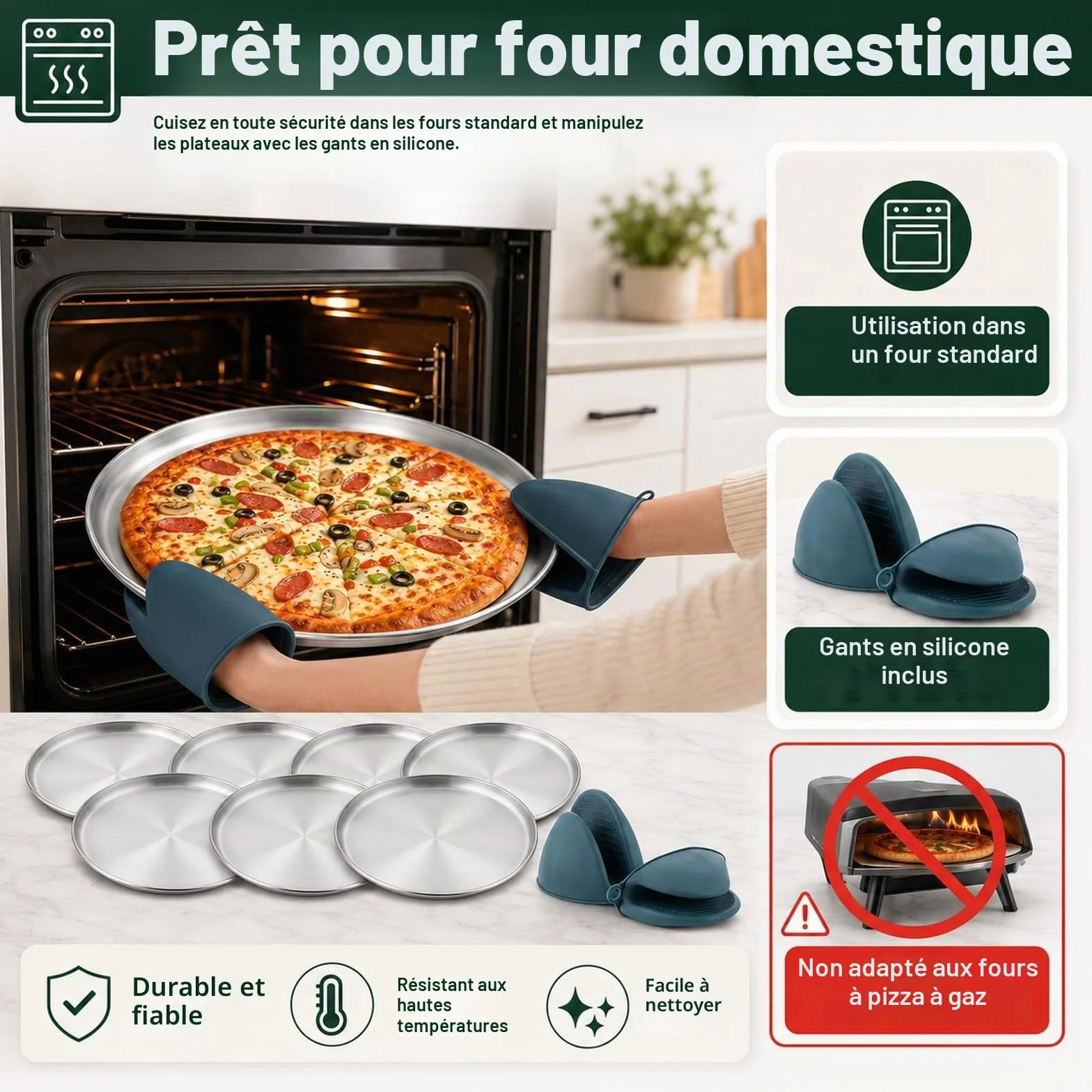 WOPPLXY Lot de 8 Plaque Pizza Four, Plaque Pizza 30cm avec des Gants en Silicone, Plat Pizzas Rond en Acier Inoxydable pour La Cuisson au Four