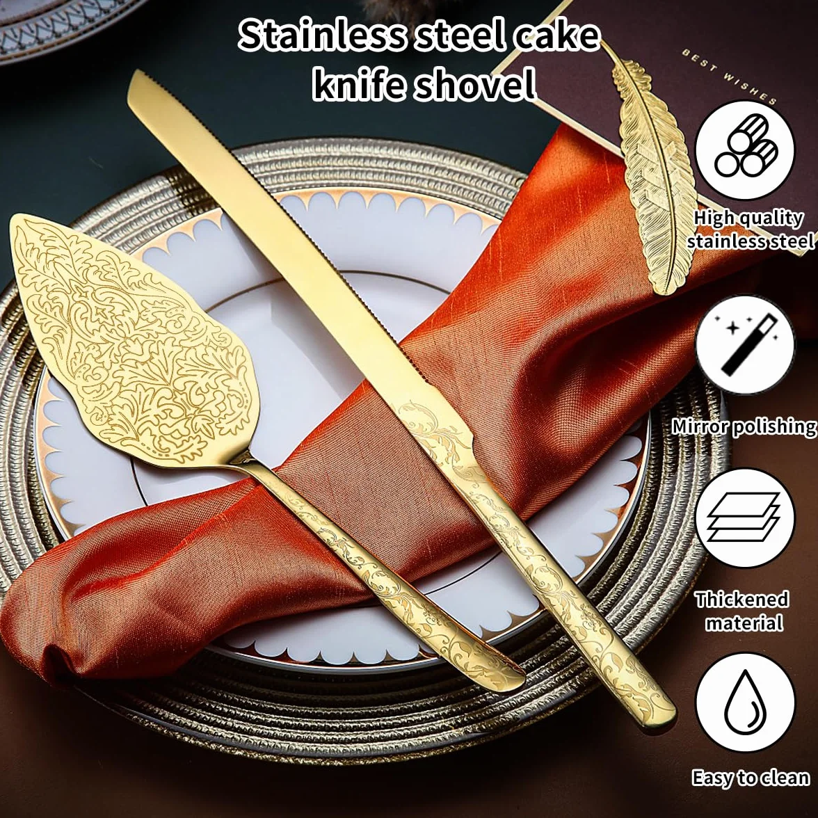 Berglander ensemble de couteau et serveur à gâteau de mariage en or plaqué or titane motif unique