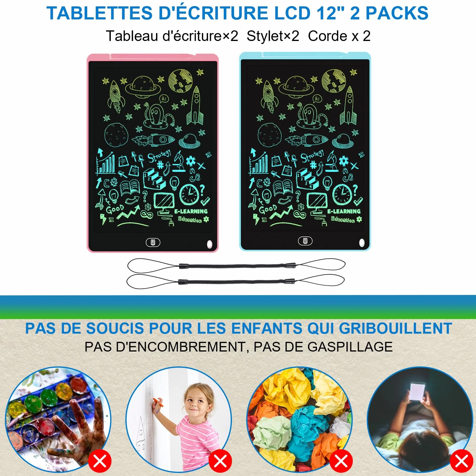 Electight Tablette Dessin Enfants 12 Pouces LCD Colorée avec Bouton Effacement Verrouillage Bleu Rose