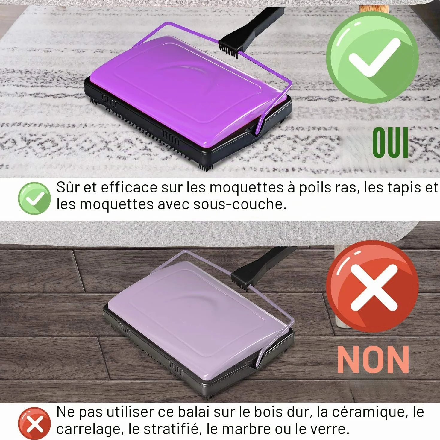 Yocada Nettoyeur de tapis pour la maison, le bureau, les tapis bas, les sous-poils, les poils d'animaux, la poussière, les restes de papier, les petits déchets avec une brosse - Violet