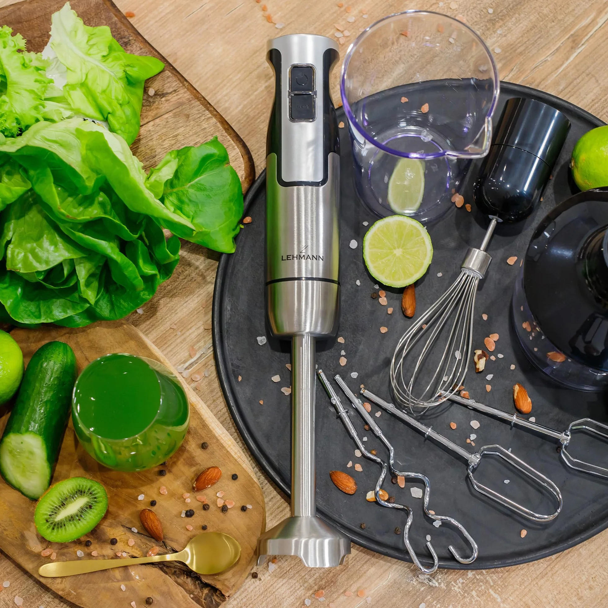 LEHMANN Chowmei 5-en-1 Mixeur Plongeant 1200 W, Réglage de vitesse à 8 niveaux, Fonction Turbo, Mixeur Multifonction avec 6 accessoires - Batteur, Fouet, Hachoir 600 ml, Verre Doseur 860 ml