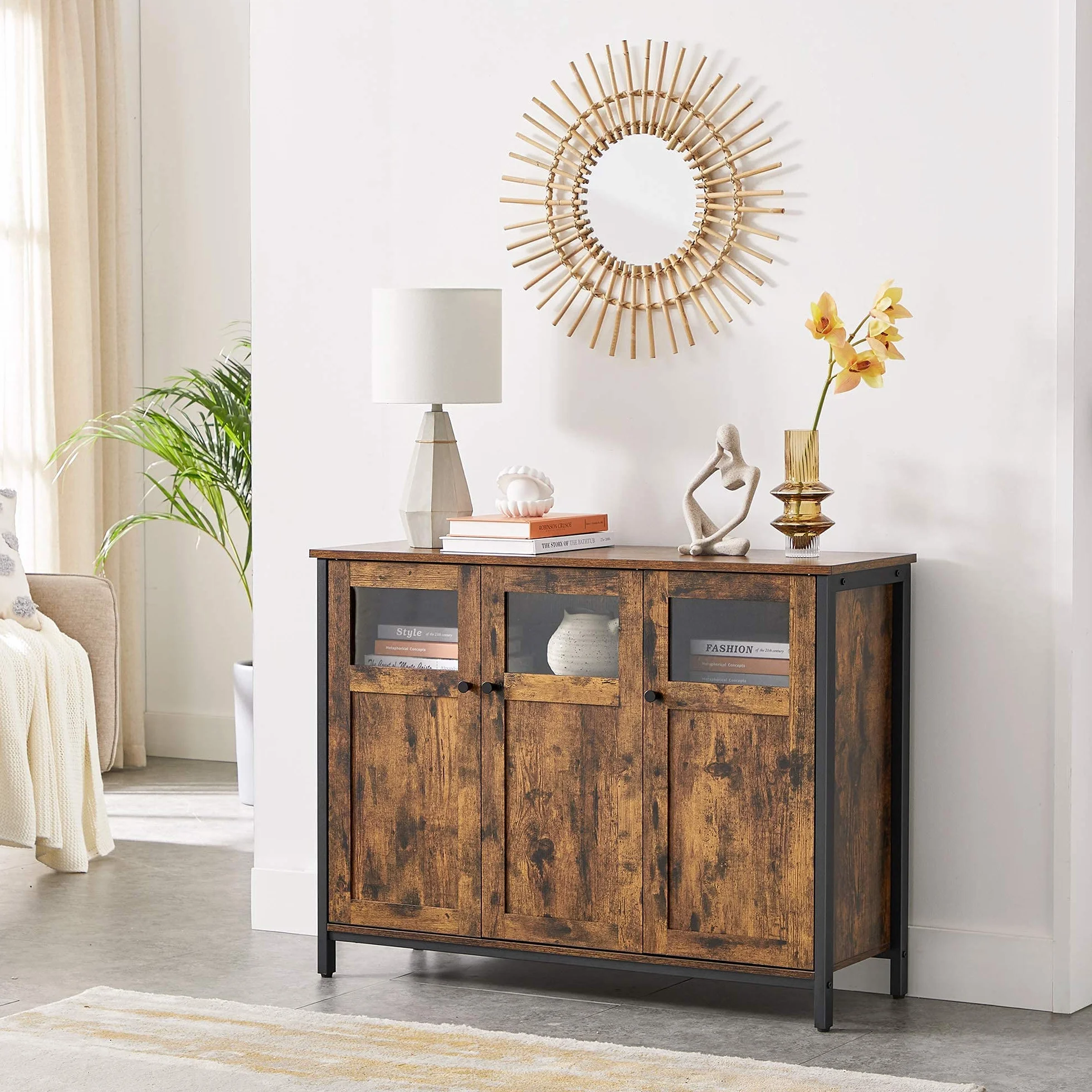 VASAGLE Meuble de Rangement, Buffet, avec Placard 3 Portes, pour Salle à Manger, Salon, Cuisine, entrée, Cadre en Acier, Style Industriel, Marron Rustique et Noir d'encre LSC099B01