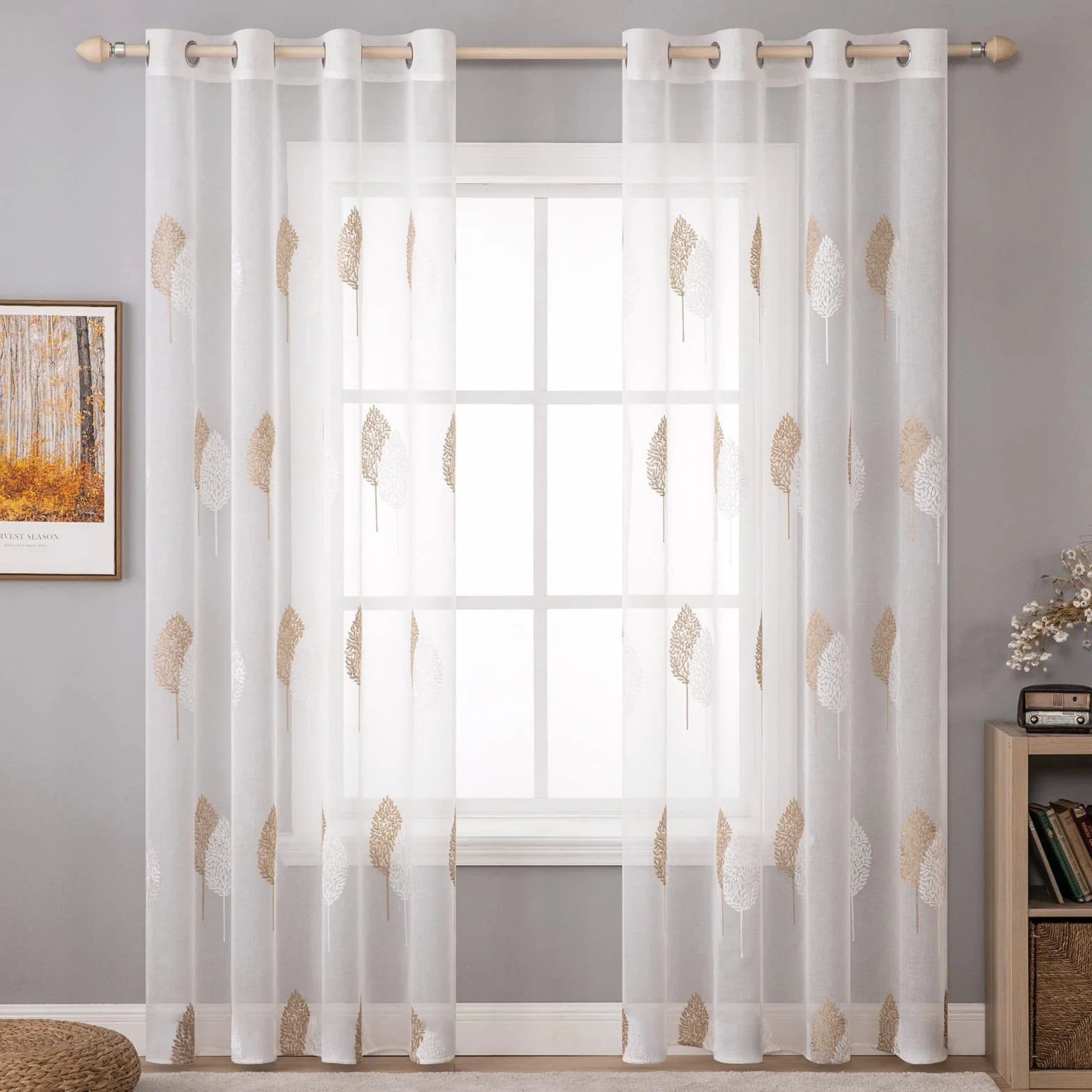 MIULEE Rideaux Voilage avec Beau Motif de Feuilles Brun et Blanc, Intérieurs Rideau Voile Brodé a Oeillets Largeur 140 CM Hauteur 225, Transparent Voilage Fenetre Design Moderne pour Chambre Salon