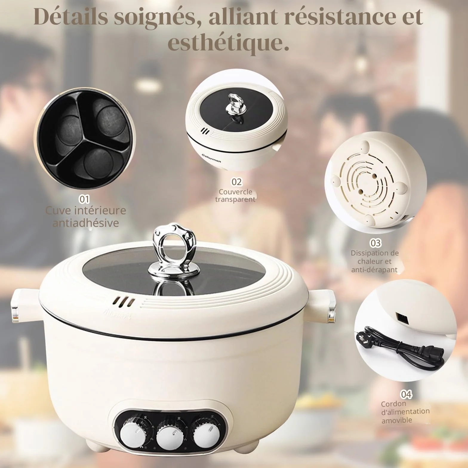 Hot Pot électrique, 5.3L Casserole Électrique, 1000W Poêle Multifonctionnelle Antiadhésive avec Chauffage Rapide & 3 Compartiments, Marmite Portable Électrique pour Frire Ramen Fondue Soupe