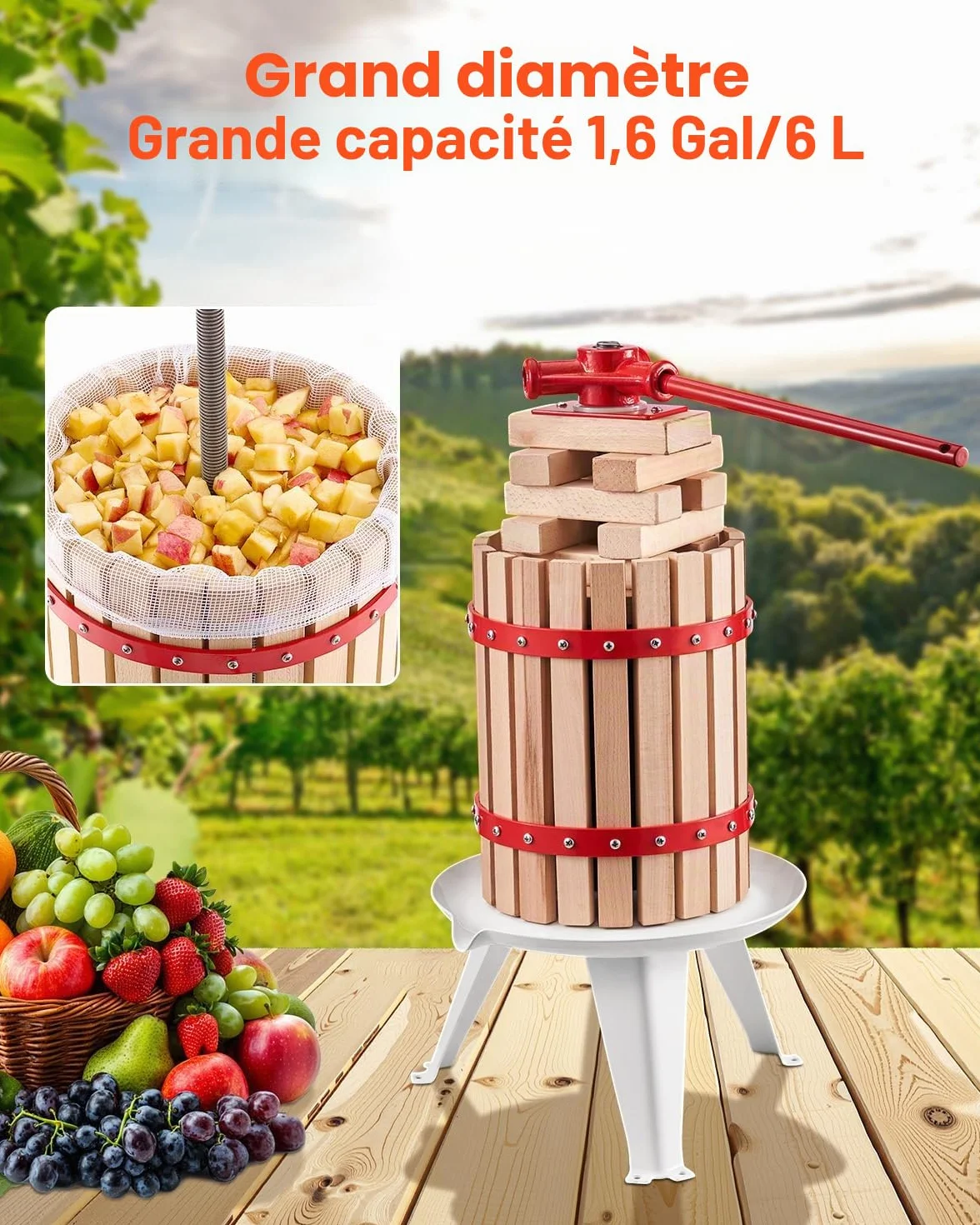 VEVOR Pressoir à Fruits Manuel 6 L, Presse à Vin avec Panier en Bois Massif avec 8 Blocs, Presse-Agrumes avec Poignée, Presse à Jus, Raisin, Cidre de Pomme, Miel pour la Cuisine et la Maison