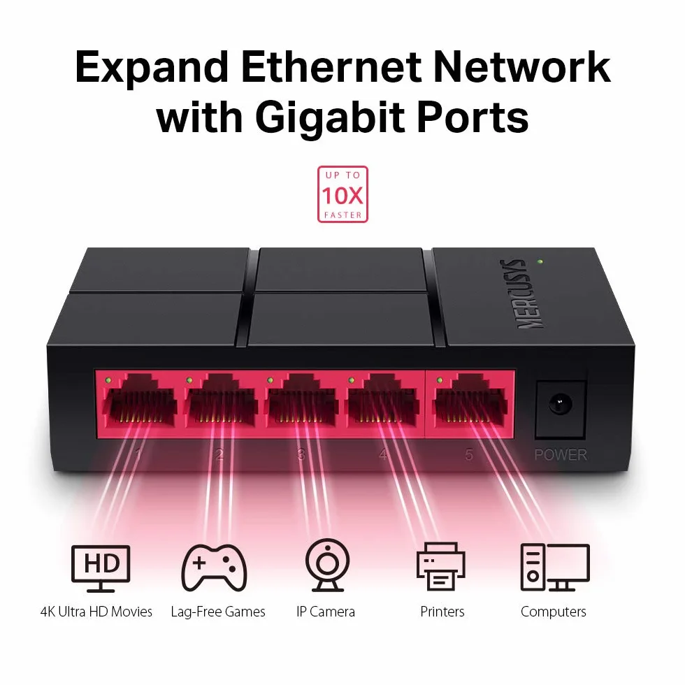 TP-Link Mercusys MS105G Switch Ethernet 5 Ports RJ45 Hub Plug-and-Play