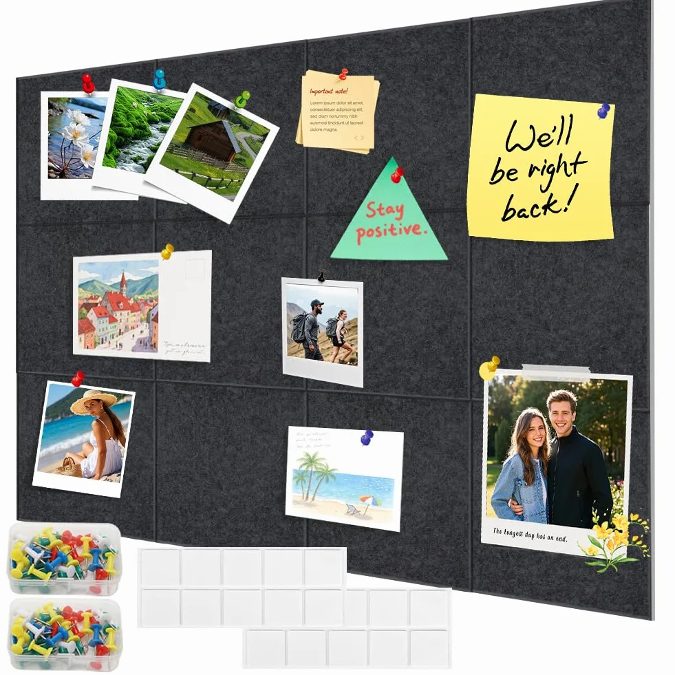 Lot de 12 tableaux d'affichage autocollants en feutre 30 x 30 cm - Carreaux muraux avec push-broches - Décoration murale