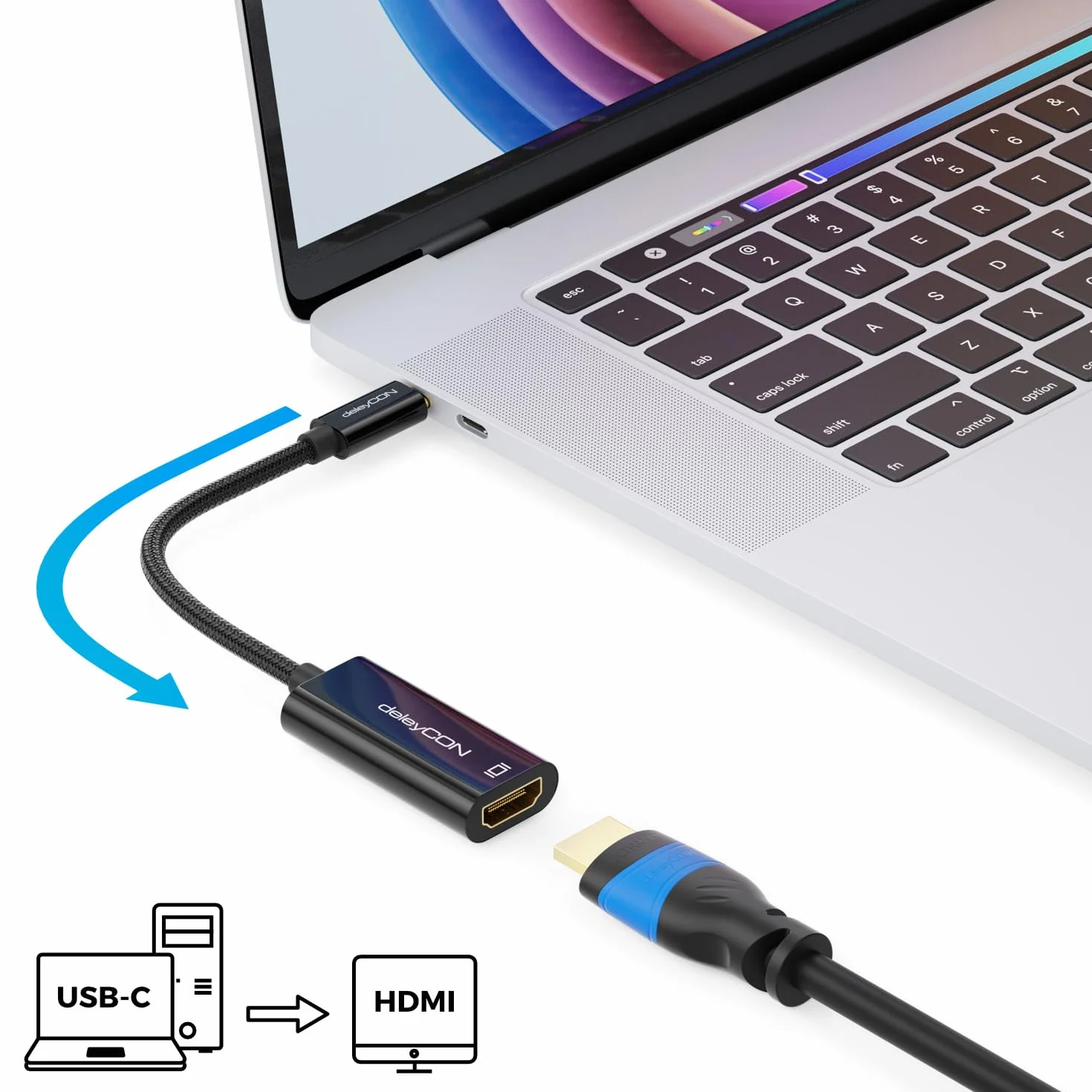 deleyCON 4K USB C do HDMI Adapter Kabel 4K@60Hz 2K@165Hz 144Hz 120Hz 60Hz HDR Thunderbolt 3/4 Konwerter Kompatybilny z Galaxy S24 S25 iPhone iPad MacBook Tablet Laptop Telefon Monitor