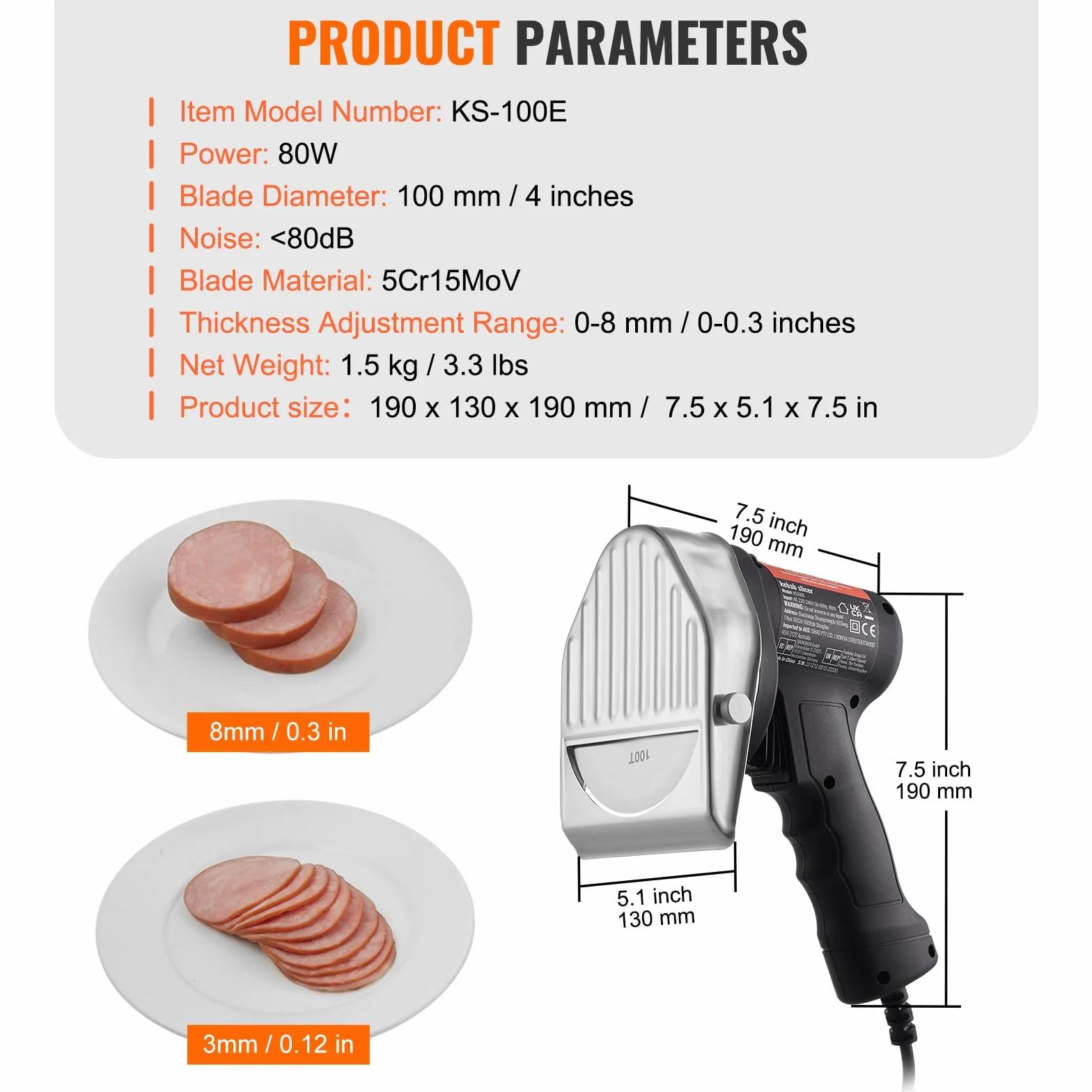 VEVOR Couteau à Kebab Électrique 80 W, Trancheuse à Viande Turc Shawarma Döner Kebab Commerciale en Inox, avec 2 Lames Diamètre 100 mm, Épaisseur Réglable 0-8 mm, pour Restaurant, Snack-bar, Barbecue
