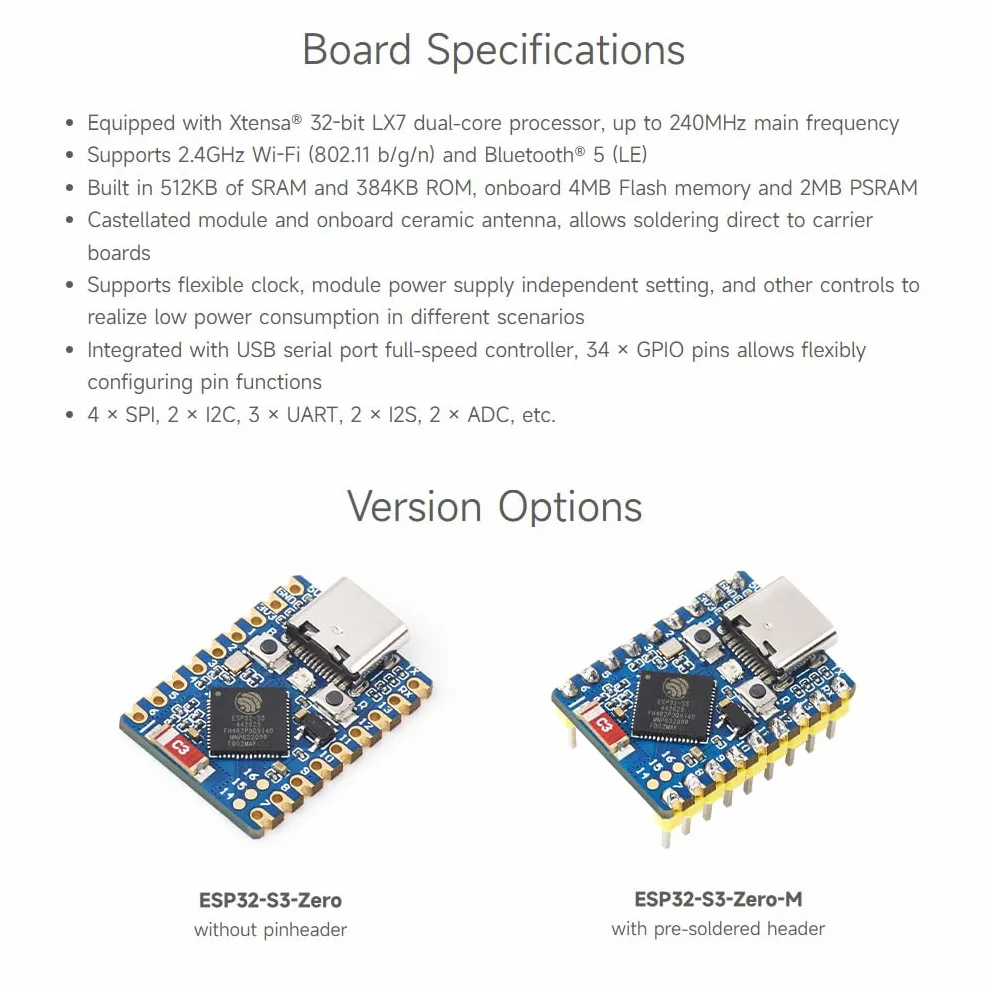 Waveshare ESP32-S3 Mini Development Board 2pcs Dual-Core 240MHz 2.4GHz Wi-Fi