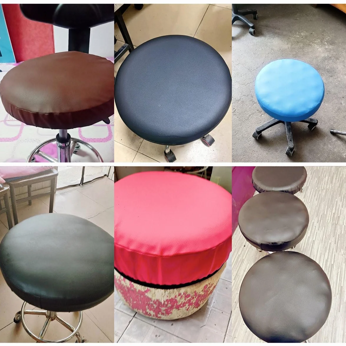 Housse De Tabouret Rond Imperméable Cuir PU Housse Protection Coussin Siège Couvre Tabouret Bar Élastique Noir