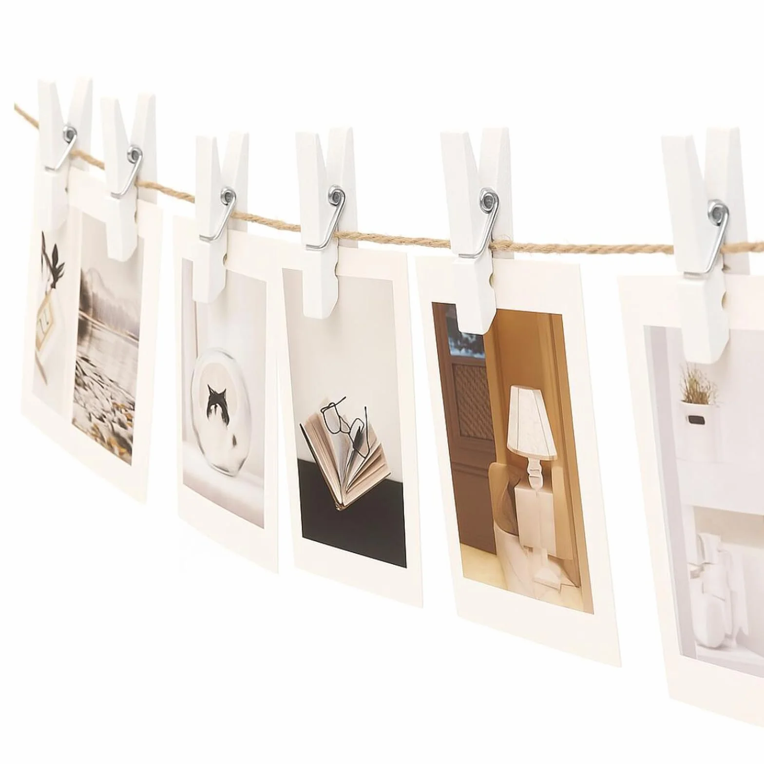 Lot de 50 pinces à linge en bois blanc 7 cm avec ficelle jute 10 m - Décoration mariage Noël travaux manuels