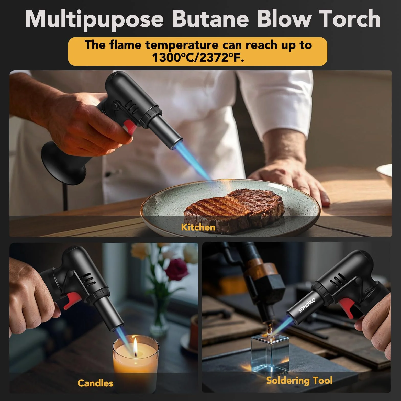 Sondiko S907 Chalumeau de Cuisine Rechargeable avec Verrouillage de Sécurité et Flamme Réglable