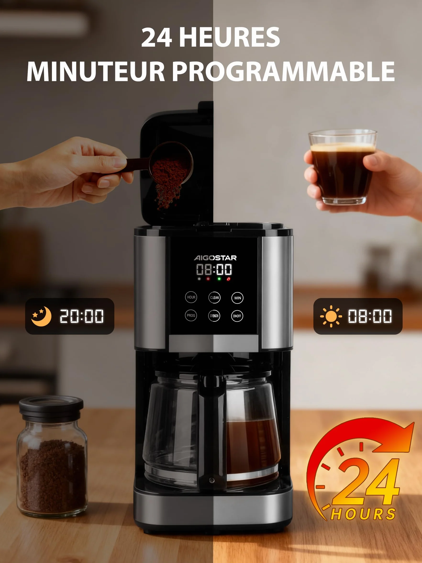 Aigostar Cafetière Filtre Électrique Programmable 24h 12 Tasses 1,5L Acier Inoxydable Réglage Intensité Écran LCD Anti-Goutte Maintien Chaud Auto-Nettoyage 1000W,0% BPA,Noir
