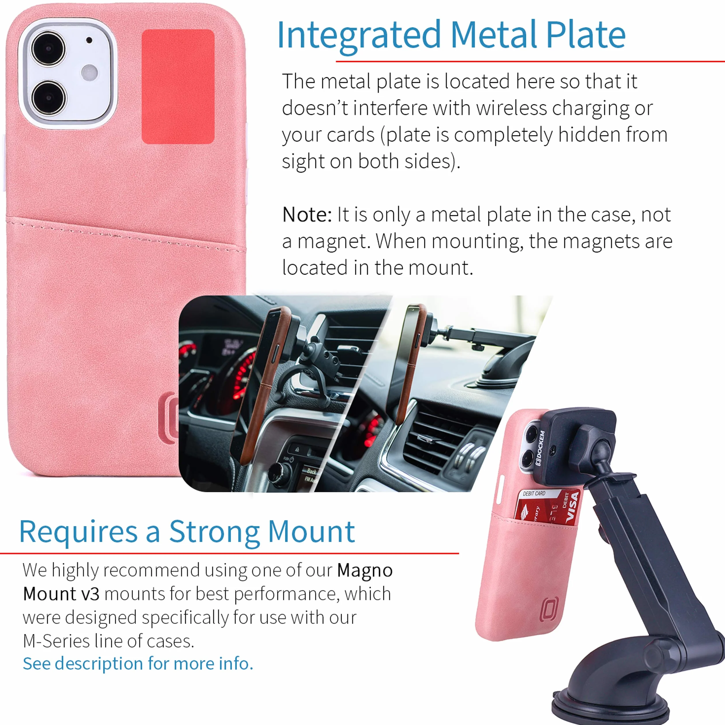 Dockem Etui portfelowe na iPhone'a 12 mini: wbudowana metalowa płytka do montażu magnetycznego i 1 uchwyt na kartę kredytową: 13.7 cm Exec M2, gładka skóra syntetyczna (różowy)