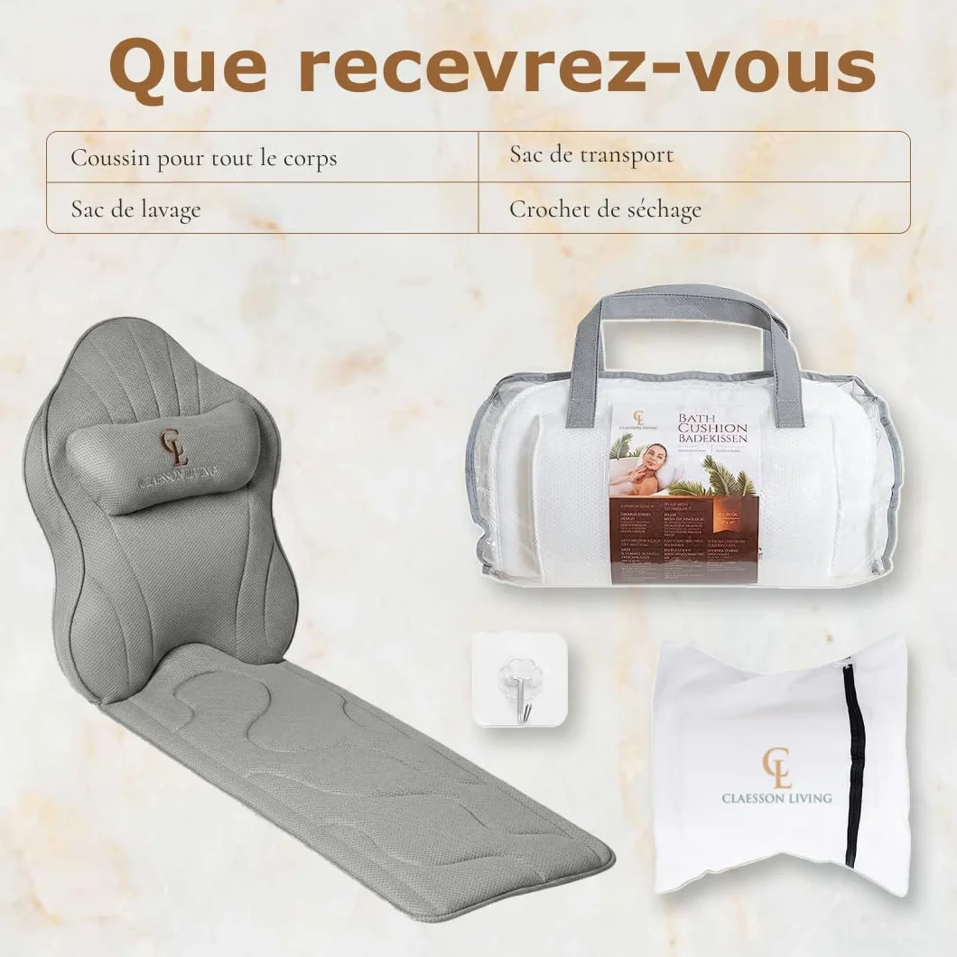 Coussin Baignoire Corps Complet Claessonliving (126x41cm) - Matelas de Bain avec appuie-tête (13cm) & Supports Corps - Coussin Baignoire Adulte - Oreiller Baignoire - Sacs de Lavage Inclus - Gris