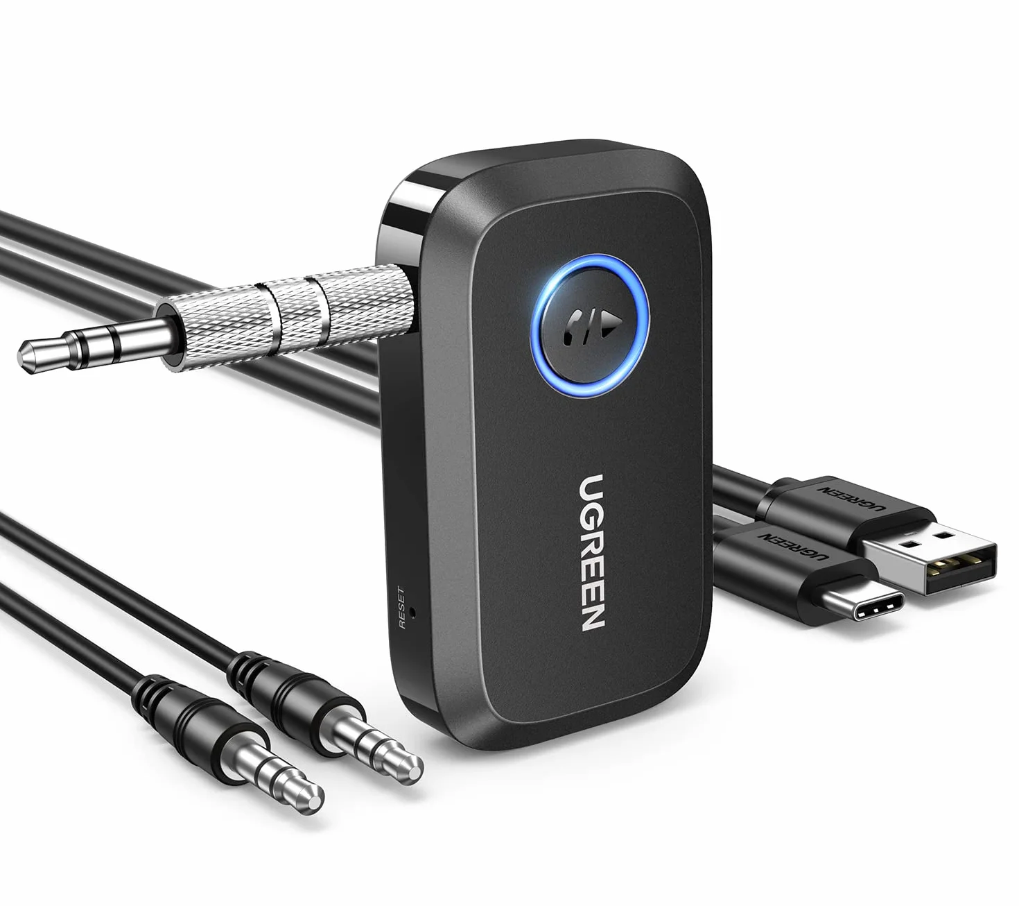 UGREEN Adapter Bluetooth 6.0 Samochodowy Bluetooth z Gniazdem AUX 3.5 mm i Wbudowanym Mikrofonem Połączenia w Trybie Głośnomówiącym z Głośnikiem Samochodowym.（Czarny）