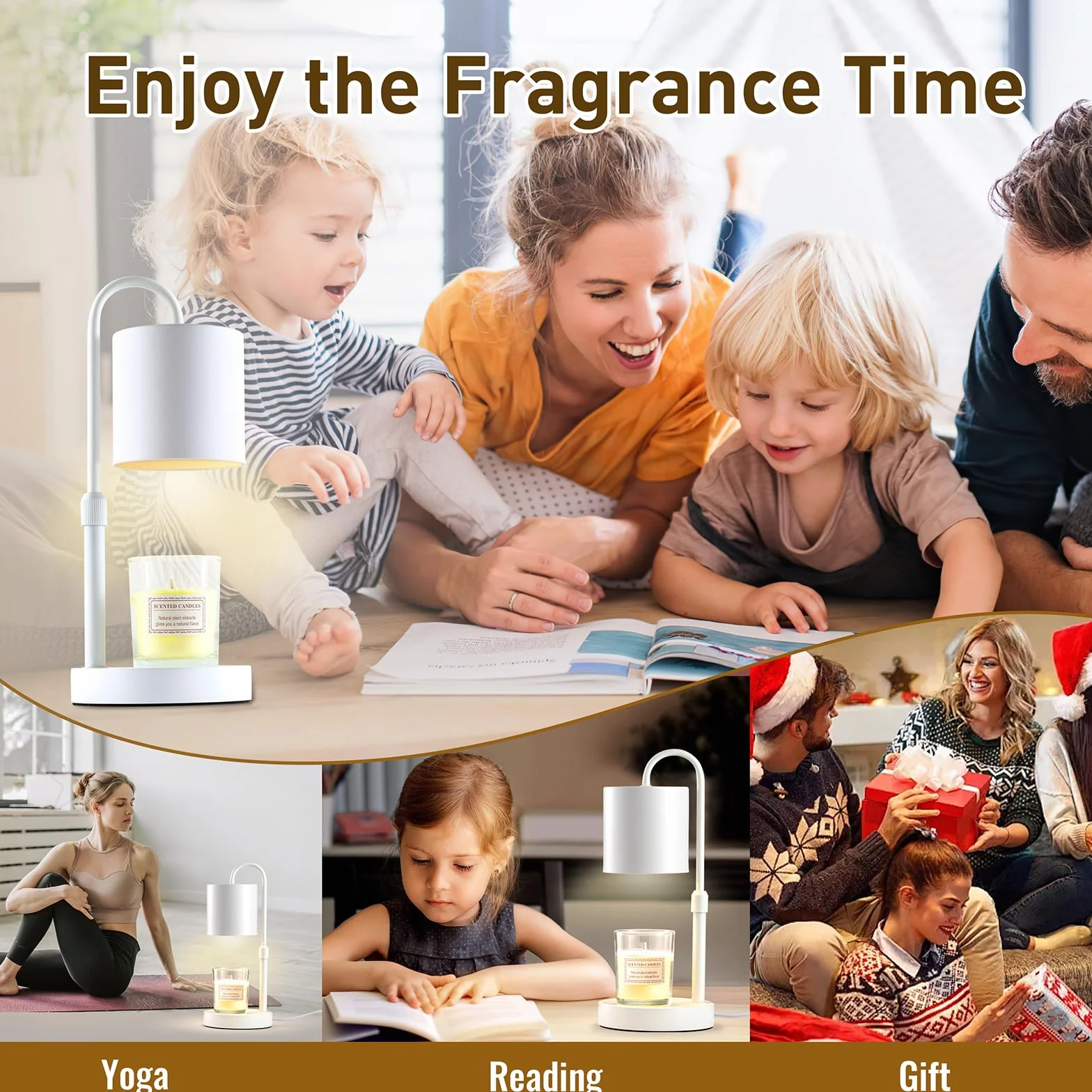 Briever Lampe chauffe-bougie électrique avec minuterie et variateur d'intensité, pour bougies en pot, hauteur réglable avec 2 ampoules et base en bois, cadeau pour femme, décoration d'intérieur, blanc