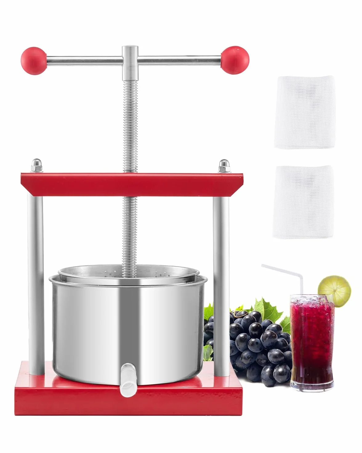 VEVOR Pressoir à Fruits Manuel Capacité 3 L, Presse à Vin avec 2 Barils en Acier Inoxydable, avec Poignée en T, Nettoyage Facile, Presse à Jus, Raisin, Cidre de Pomme pour la Cuisine et la Maison