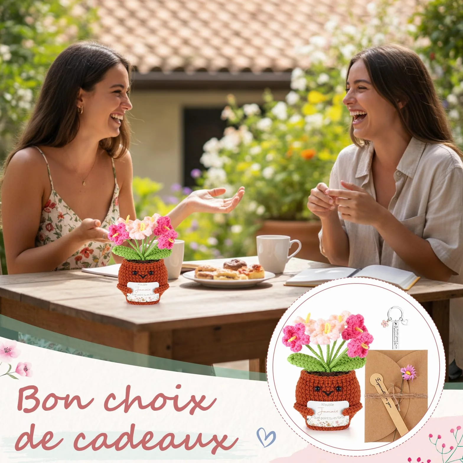 Porte-Clés au Crochet Plante en Pot avec Carte de Vœux Fleurs Séchées Coffret Cadeau