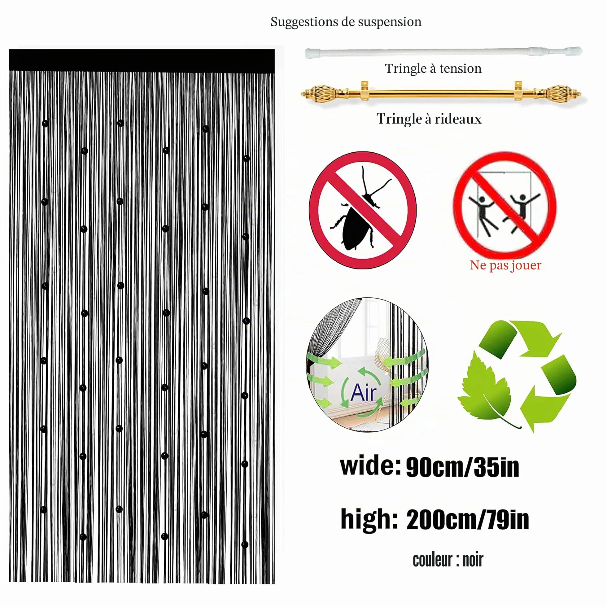 Rideau de Porte en Perles Anti Mouches Extérieur 90x200cm Noir