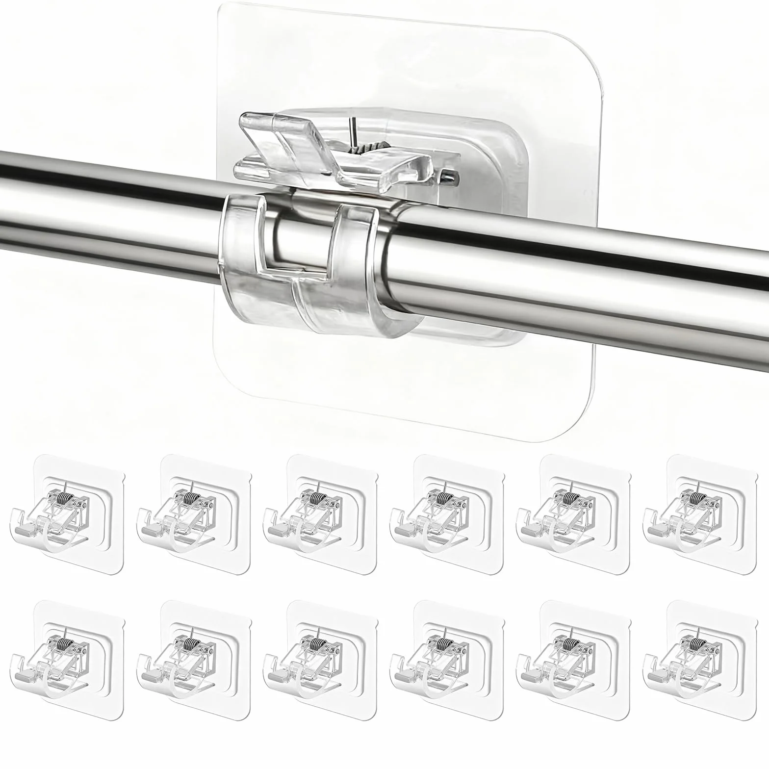 12 Pièces Support Tringle Rideaux sans Percage, Crochet Rideau Adhesifs Transparent pour Porte-Serviettes