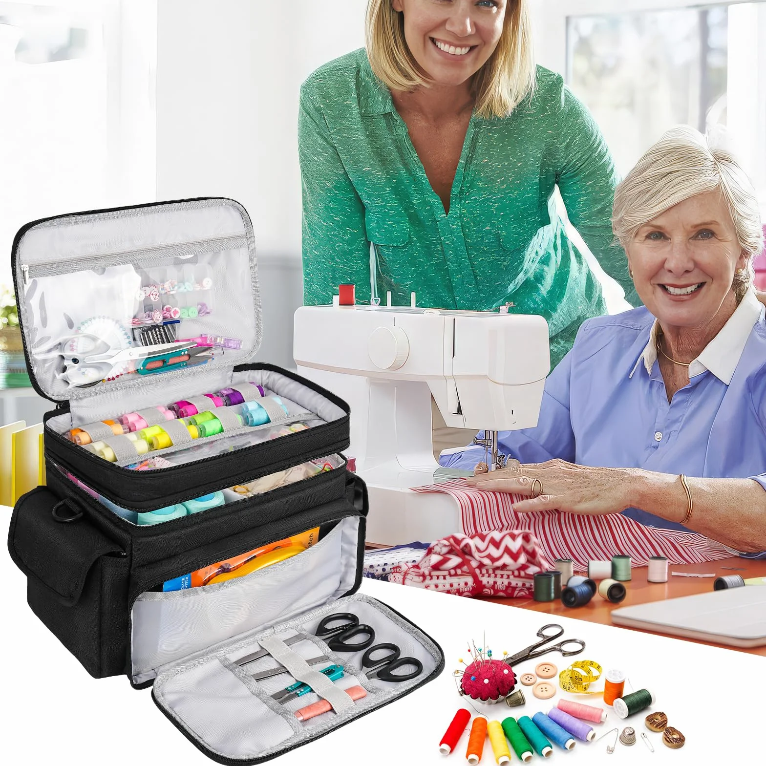 Boite à Couture,Sac de Rangement Couture Double Couche,XL Organisateur de Fournitures de Couture,Boîte à Couture de Voyage Portable,Panier de Couture pour Outils de Couture,Noir (Sac Uniquement)