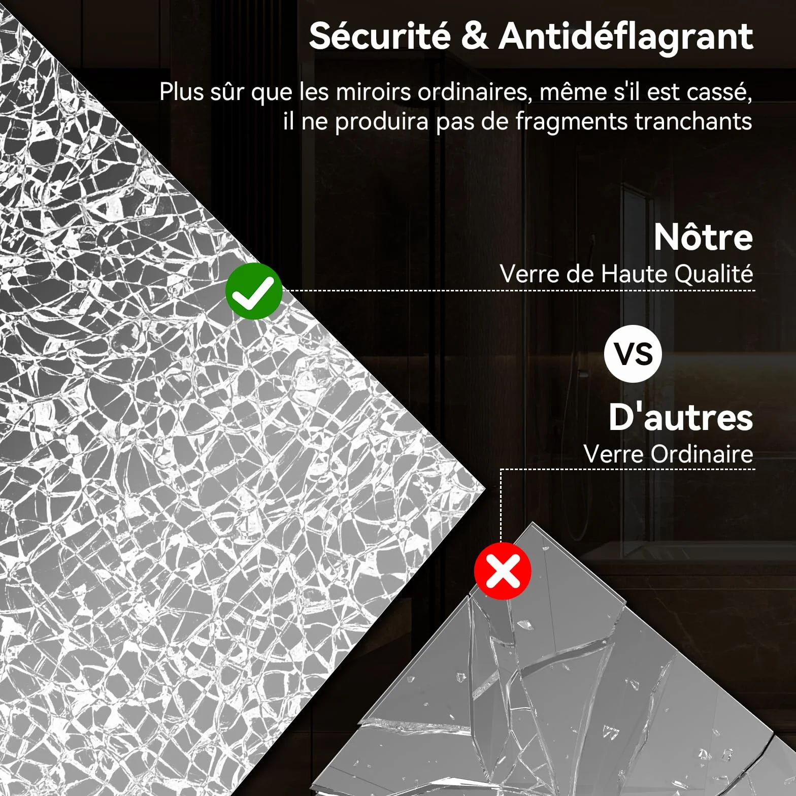 YU YUSING Miroir de Salle de Bain LED 70x50cm, Miroir Lumineux Cosmétique Mural avec 3 Couleurs de Lumière Réglables, Cadre Métallique, Affichage L'heure, Anti-buée, IP44 Étanchéité, Horizontal