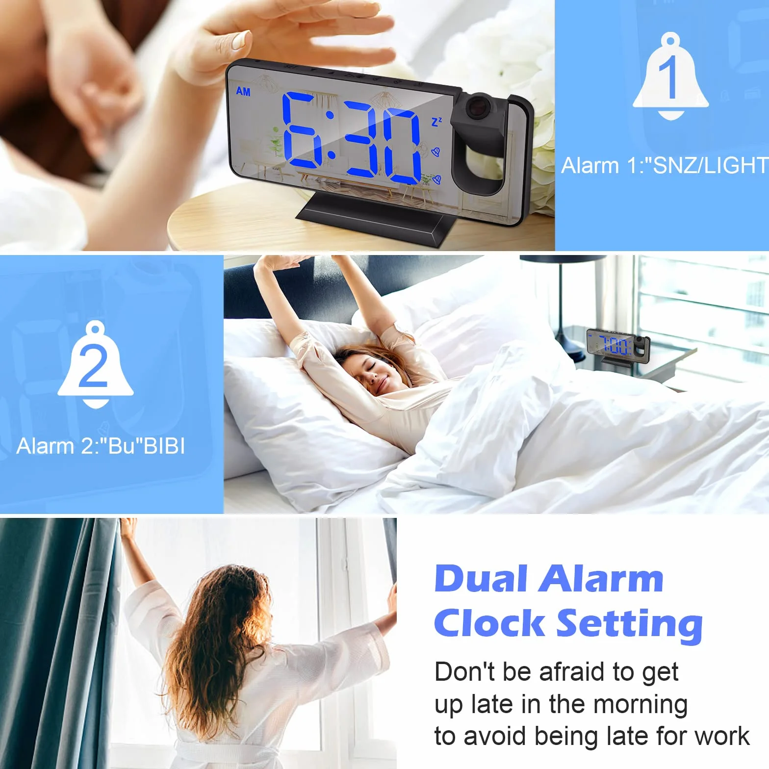 Xakay Réveil Projecteur 180° Plafond, Horloge Numérique LED Miroir 7.3 Pouces, Double Alarme, 12/24H, Snooze, 4 Niveaux Luminosité