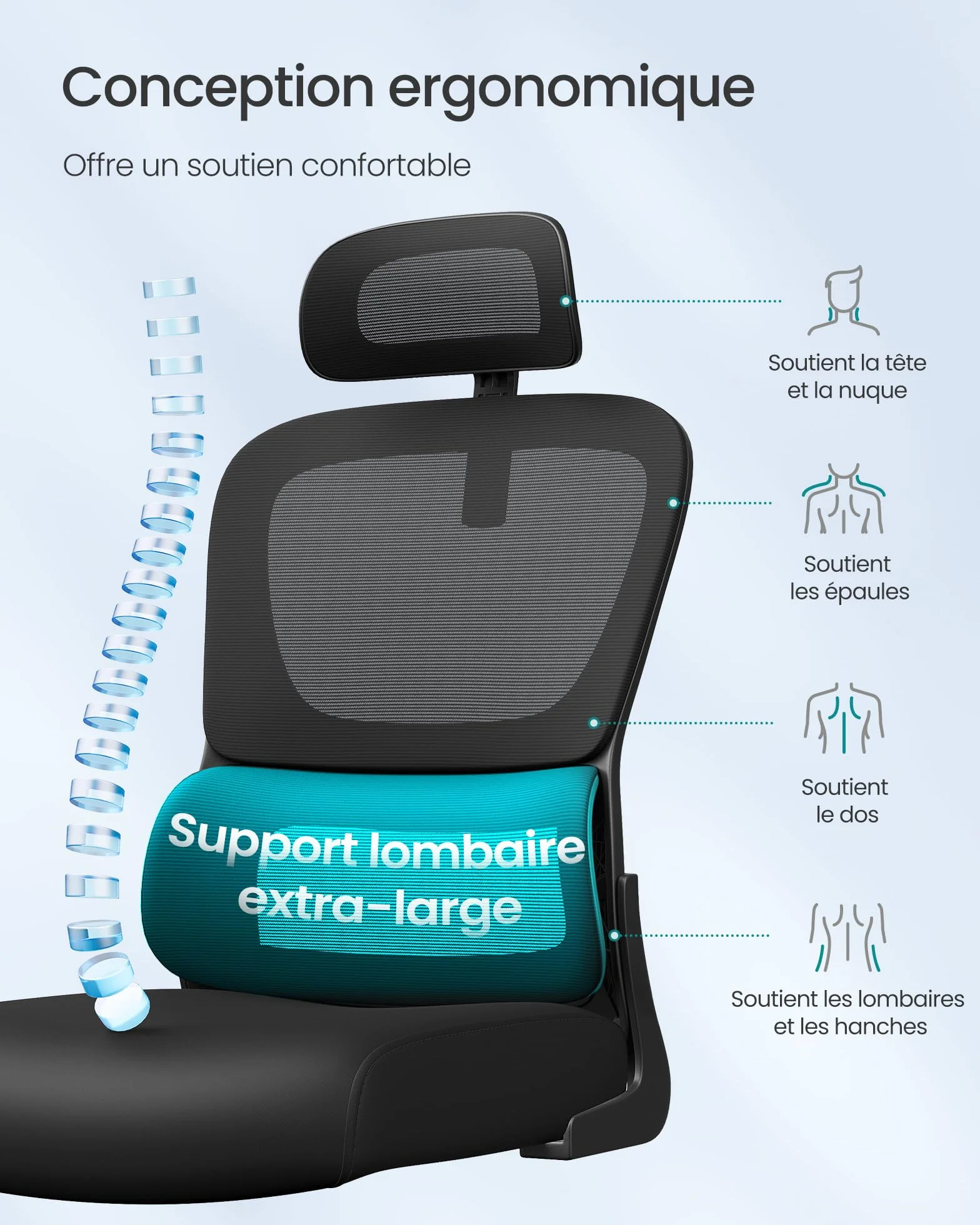 SONGMICS Chaise de Bureau Ergonomique Tissu Maille Respirant Double Couche Soutien Lombaire Adaptatif Appui-Tête Réglable Noir d’Encre