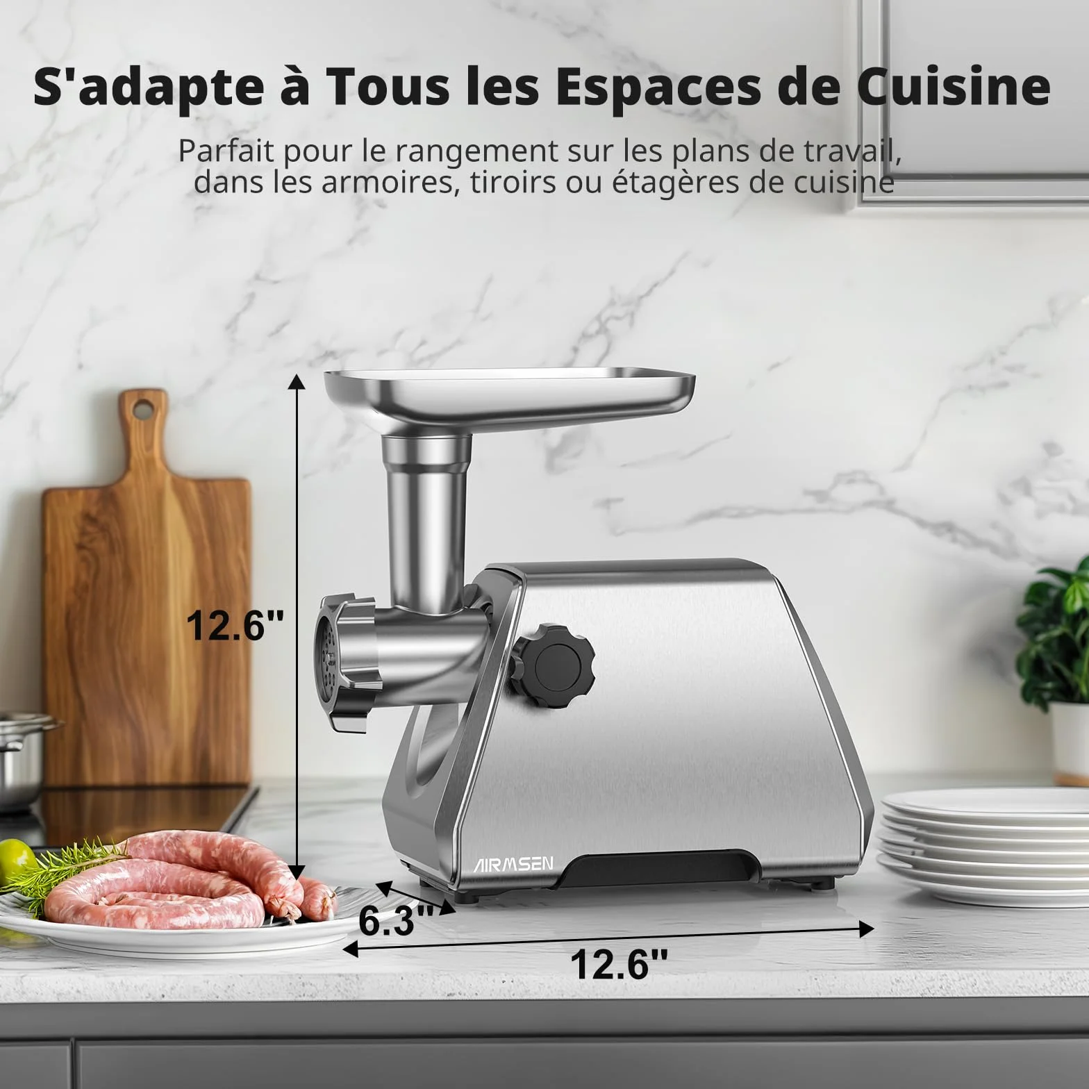 AIRMSEN Hachoir à Viande Électrique 3 en 1– Machine à Saucisses en Acier Inoxydable avec 3 Plaques, 2 Lames en Acier Inoxydable et Kit Kubbe – Rapide, Silencieux, Facile à Nettoyer pour Maison
