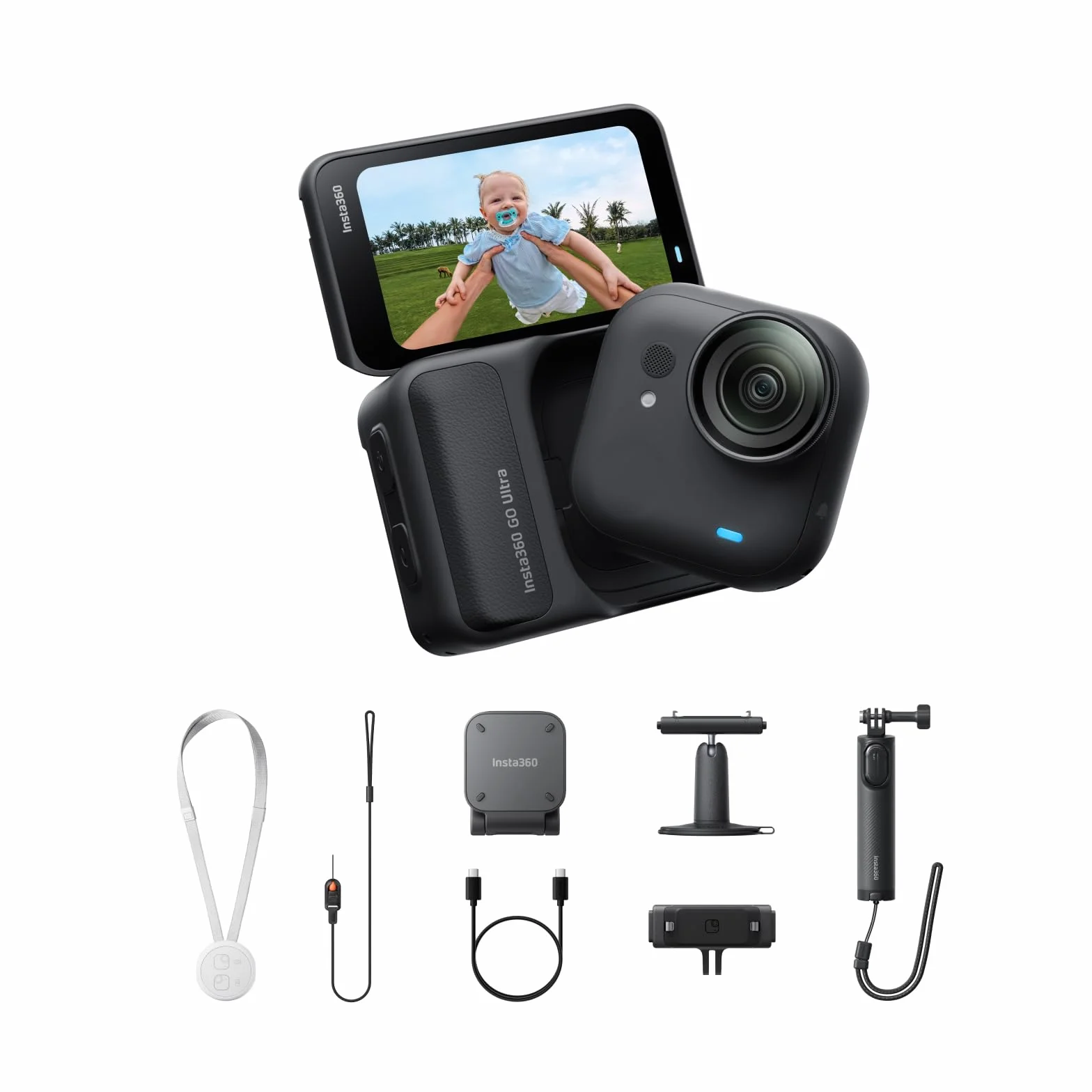 Insta360 Pakiet GO Ultra Creator Midnight Black – mała kamera 4K, lekka i przenośna, doskonałość przy słabym oświetleniu, montaż w dowolnym miejscu, stabilizacja FlowState, żywotność baterii 200 min
