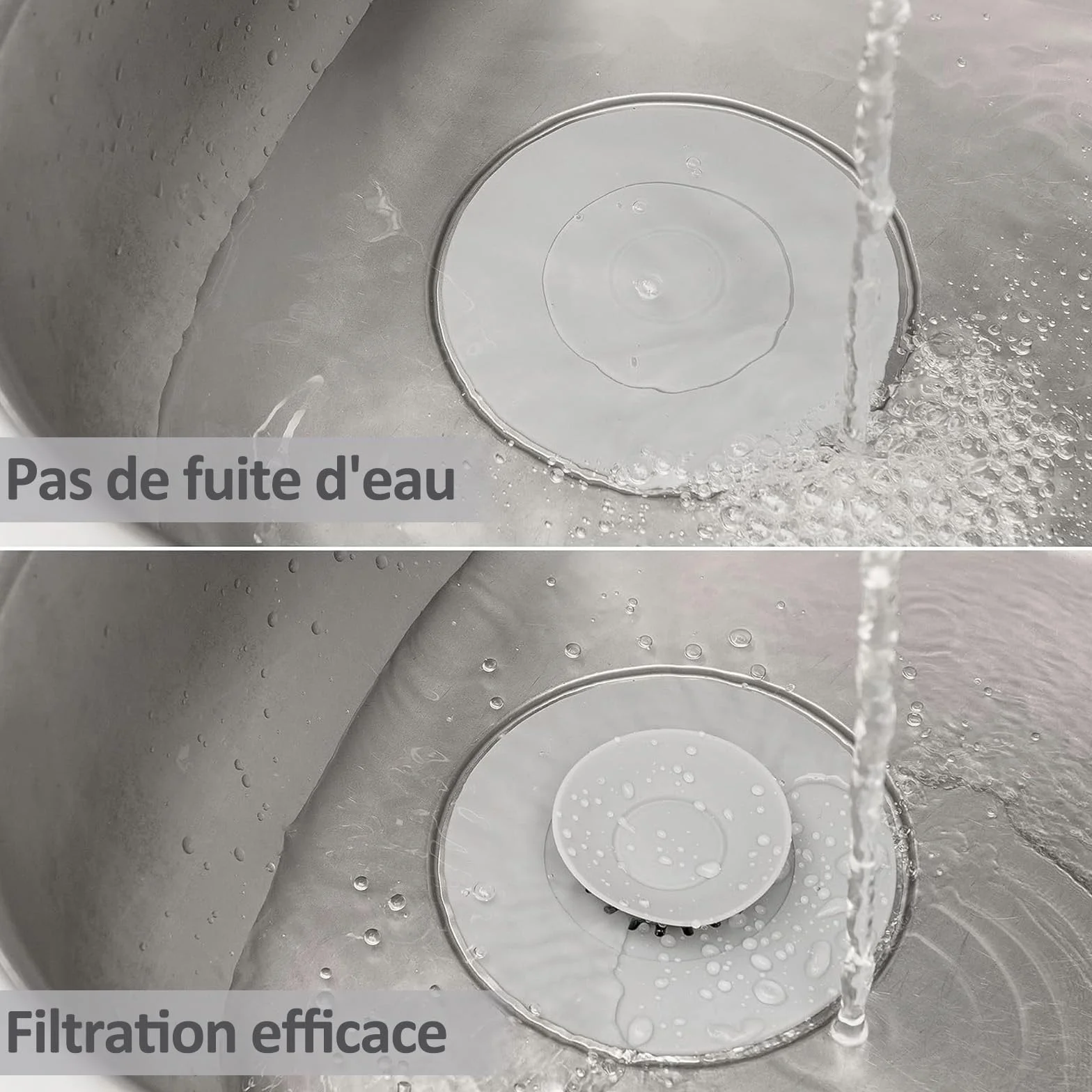 Bouchon Baignoire Universel 2 Pièces Ø 11 cm Pliable Filtre Intégré Cheveux Restes Nourriture Gris