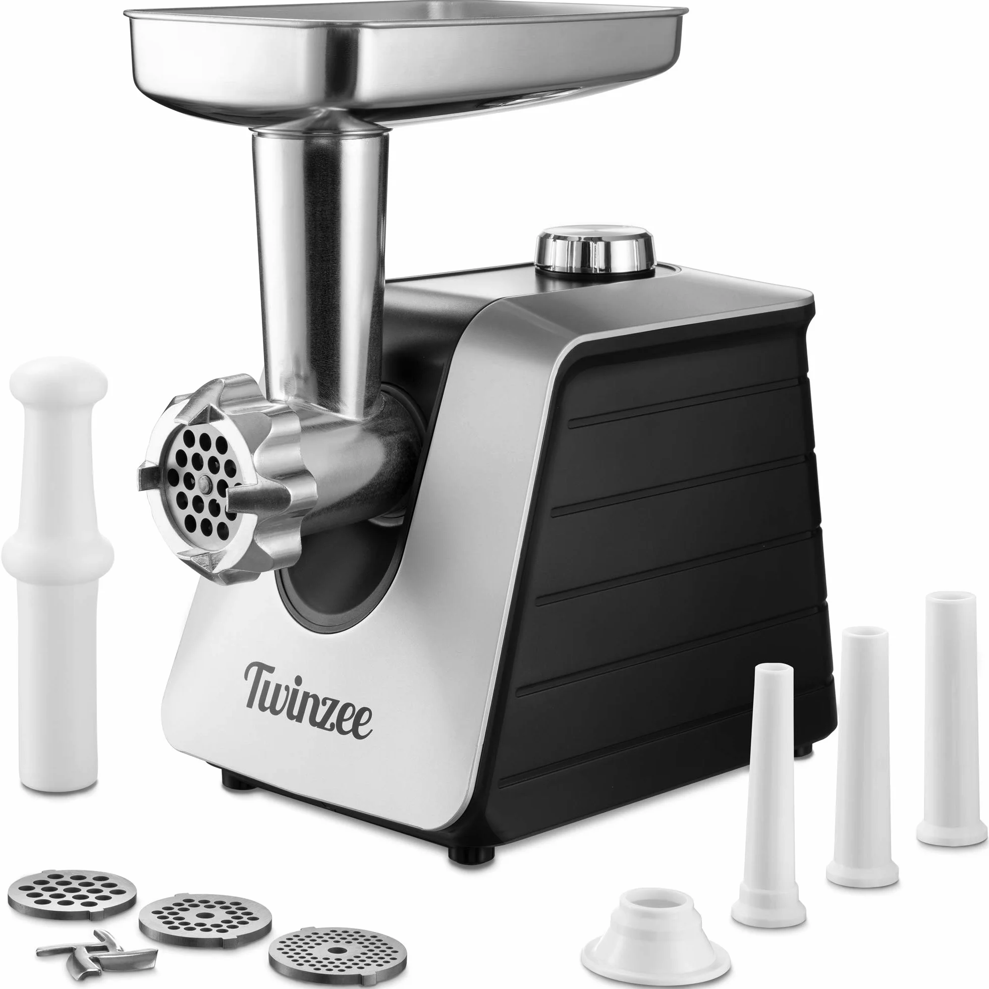 Twinzee Hachoir à Viande Électrique (Noir) - Hachoir Électrique Polyvalent avec 3 Plaques de Coupe en Métal et 3 Embouts à Saucisses, 1500W Max
