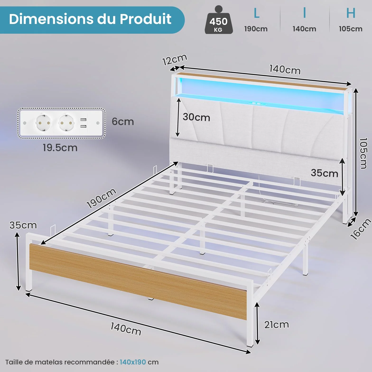 Brinlawb Cadre de Lit 140 x 190 avec Sommier en Métal, Lit 2 Personnes avec Lumières LED et Multiprise (2 Prises AC,2 Ports USB) lit Double 140x190cm avec Rangement, Facile à Assembler, Moderne, Blanc