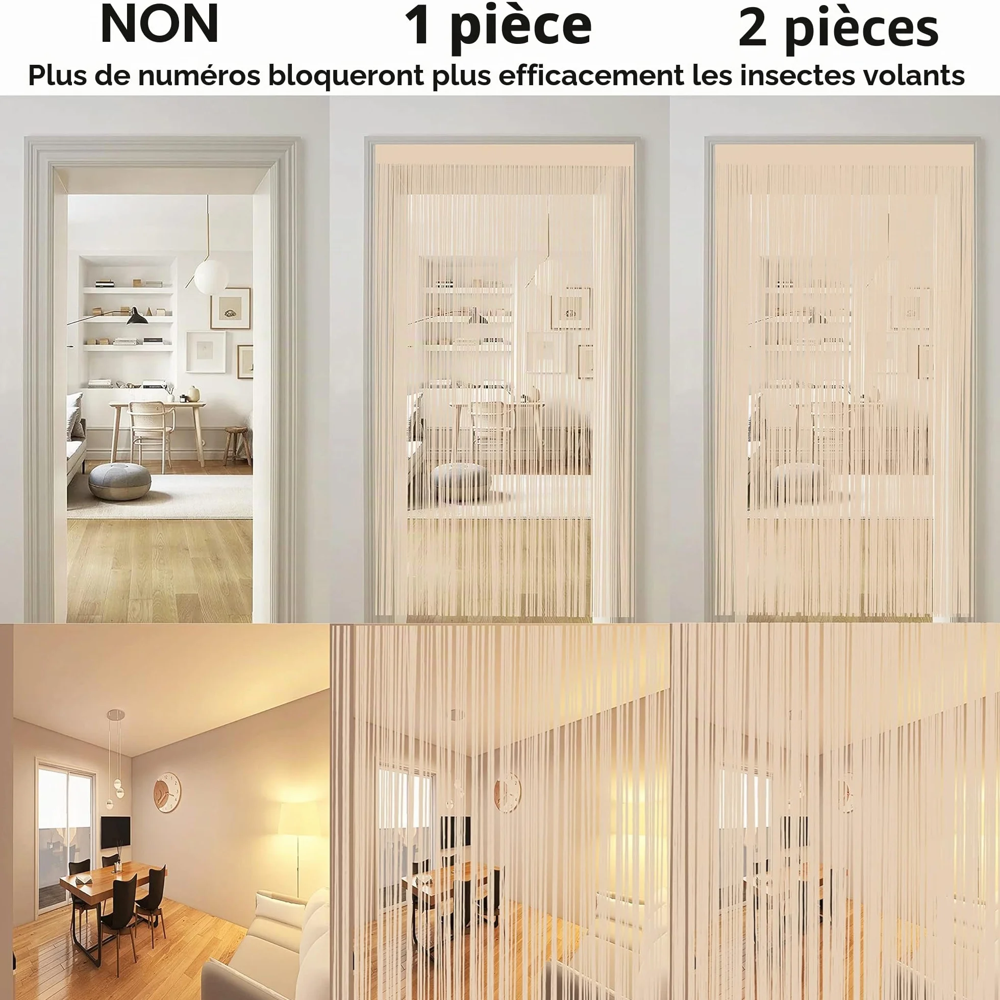 Taiyuhomes Rideau à cordes spaghetti 90x200cm beige grille moustiquaire fenêtre porte