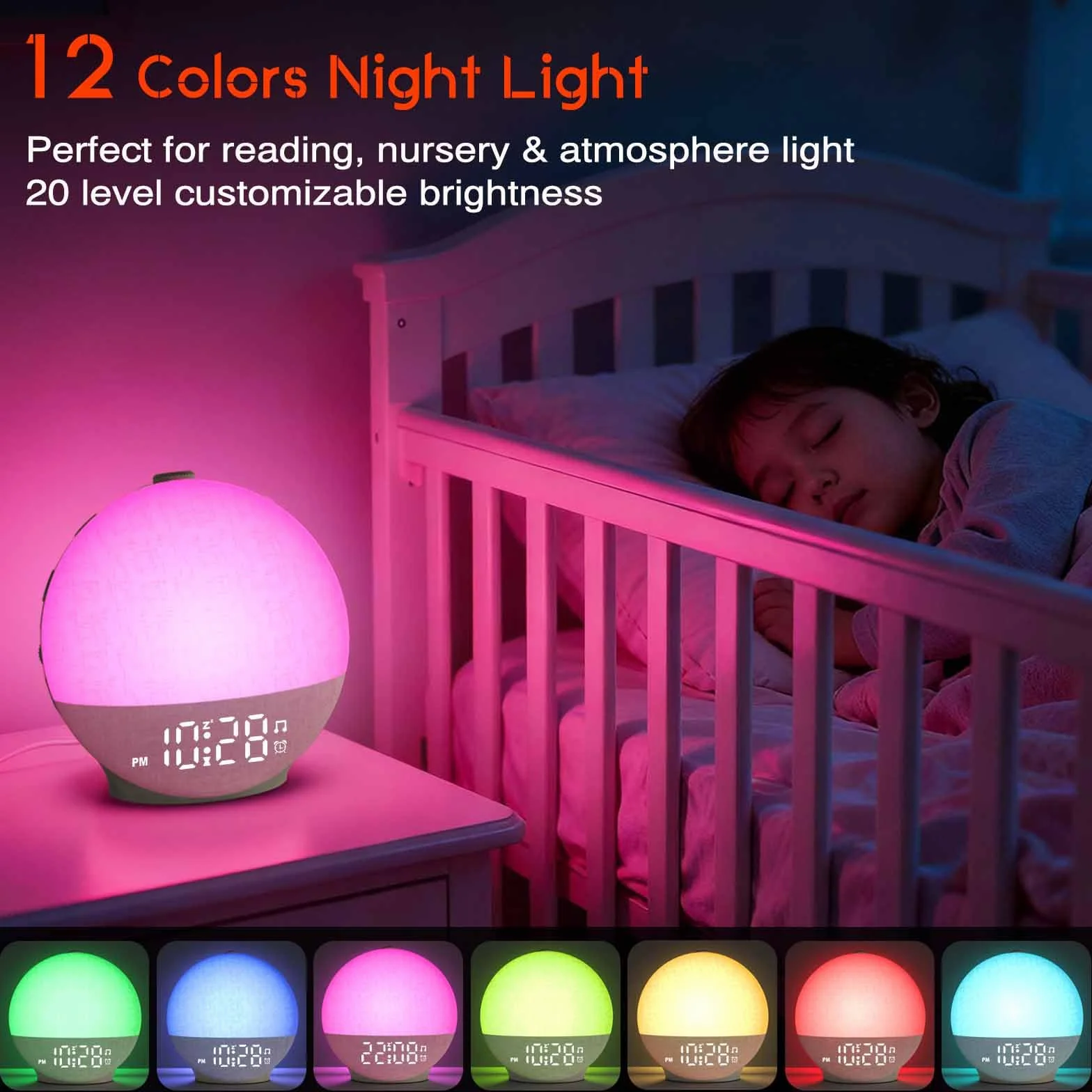 Réveil Lumineux Simulateur d'Aube, Lampe de Chevet LED avec 30 Sons, 12 Couleurs, Snooze, Minuteur
