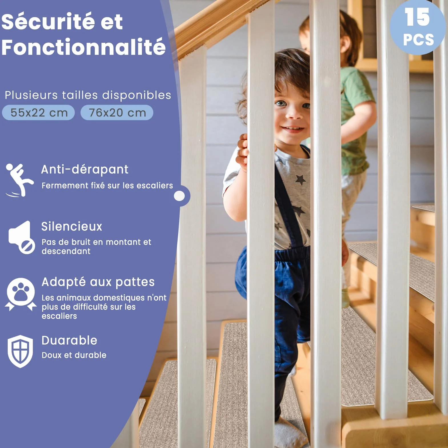 Tapis d'Escalier Antidérapant Lot de 15 Marchettes Autocollantes 76 x 20 cm Beige