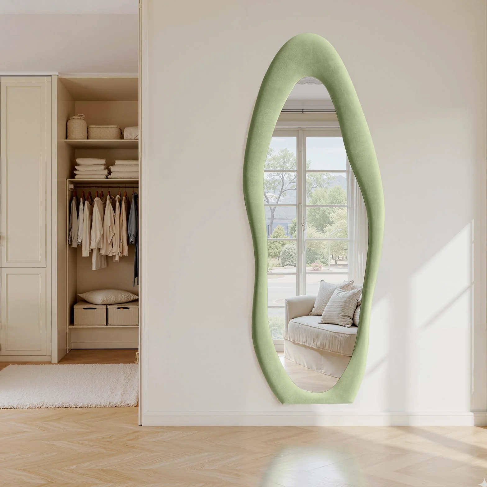 Miroir ondulé irrégulier 160 x 60 cm pleine longueur avec cadre en bois recouvert de flanelle à suspendre