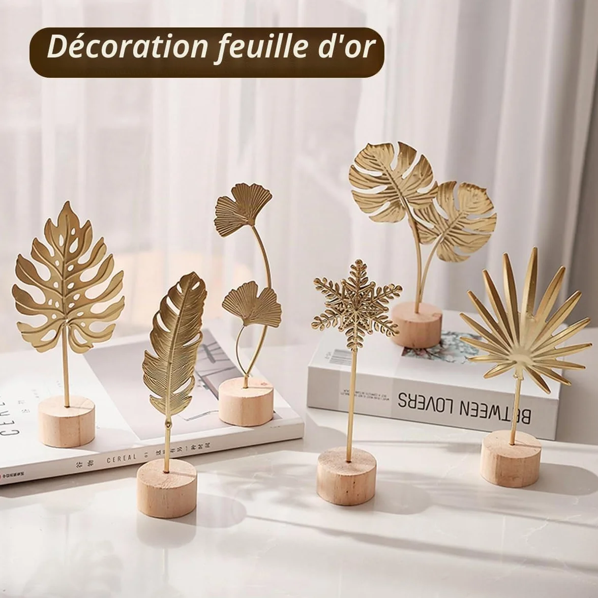 Décorations murales Set de 3 Sculptures Ginkgo Monstera Plume Métal Doré Socle Bois Décoration Intérieur Salon Bureau