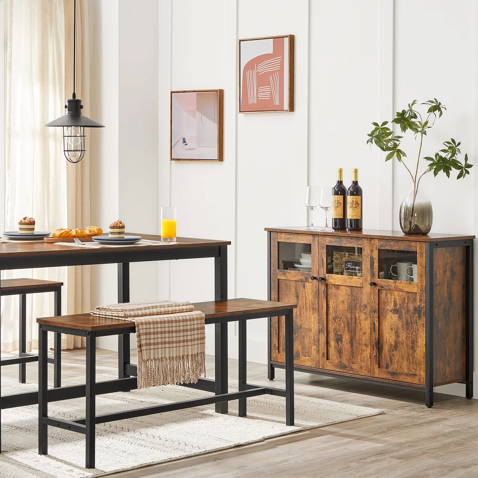 VASAGLE Meuble de Rangement, Buffet, avec Placard 3 Portes, pour Salle à Manger, Salon, Cuisine, entrée, Cadre en Acier, Style Industriel, Marron Rustique et Noir d'encre LSC099B01