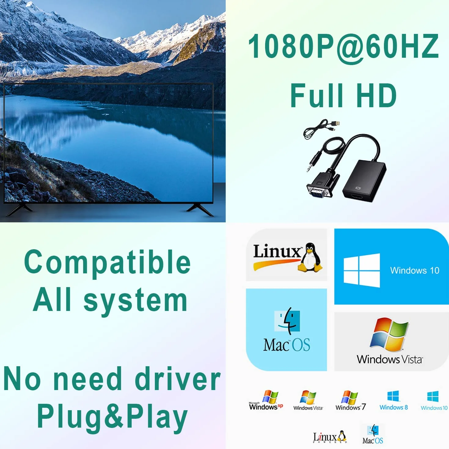 Adaptateur VGA vers HDMI 1080P Convertisseur VGA mâle vers HDMI femelle pour PC Ordinateur Portable Moniteur HDTV