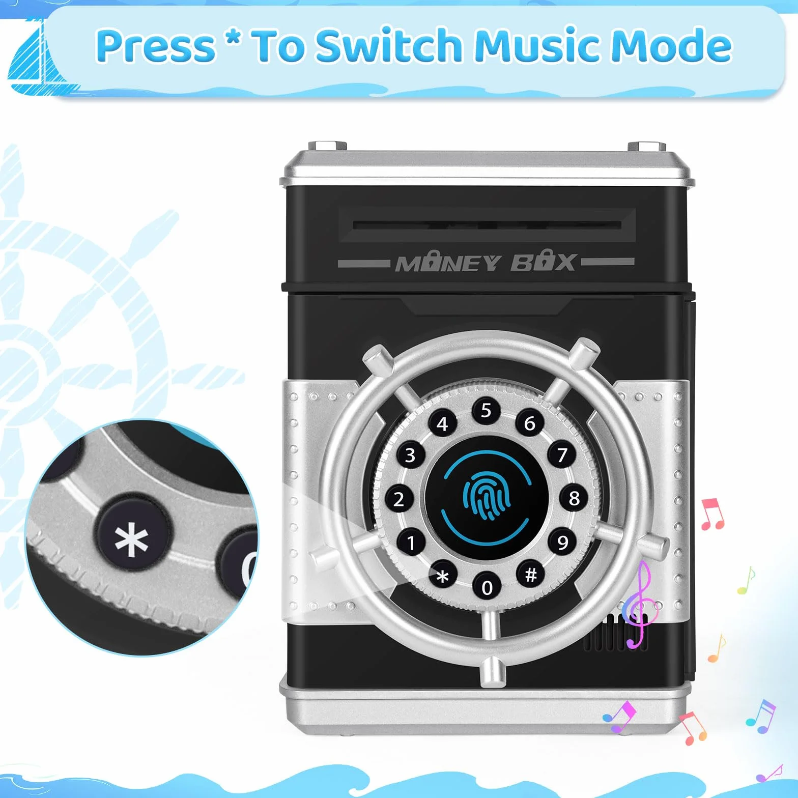 Tirelire Electronique pour Enfant avec Coffre Fort, Code de Sécurité et Musique, Cadeau Anniversaire Noël 3-7 Ans Noir