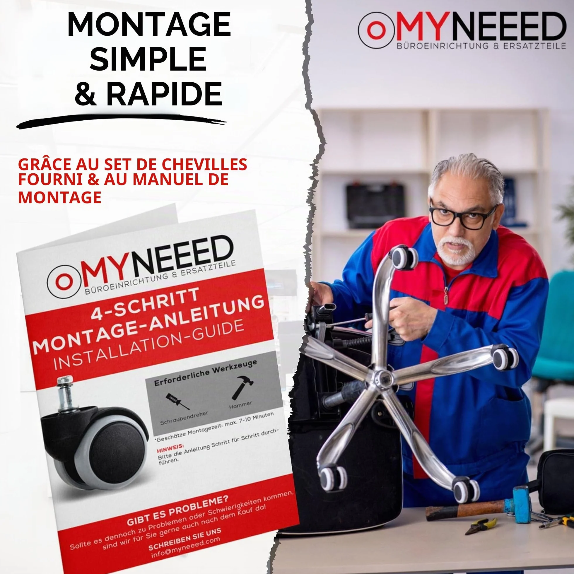Roulettes pour sols durs 10 mm/11 mm pour toutes les marques de chaises de bureau – Roulettes résistantes sans goupille pour sols stratifiés, parquets, carrelages – Sans rayures et silencieuses
