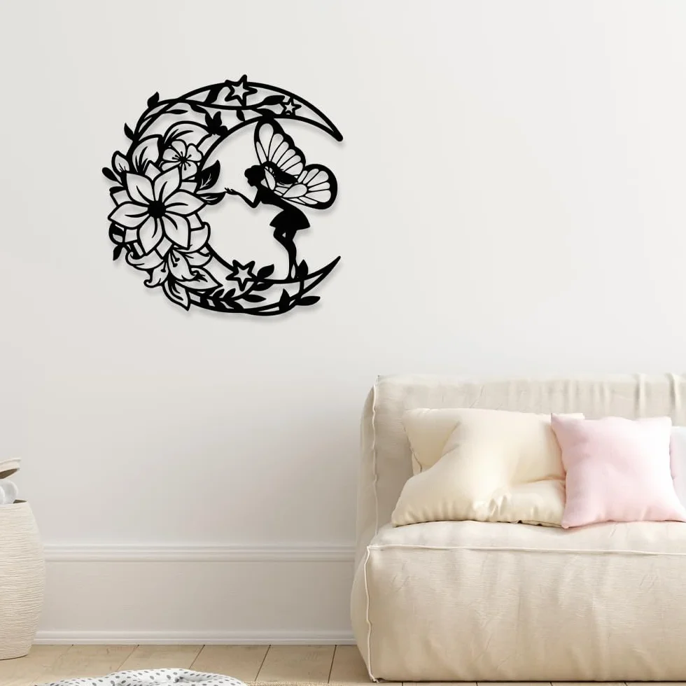 YunBey Décoration Murale Métal Noire Sculpture Fée Fleur Lune 30x30 CM