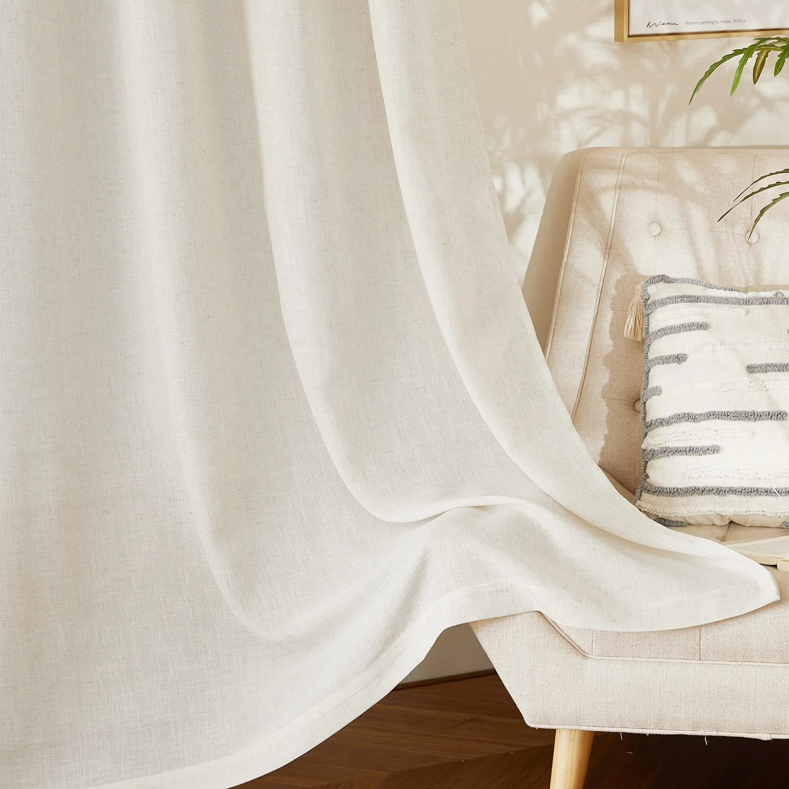 Rideaux Voilage Lin Naturel Demi Transparent 140x245 cm Beige Clair 2 Pièces