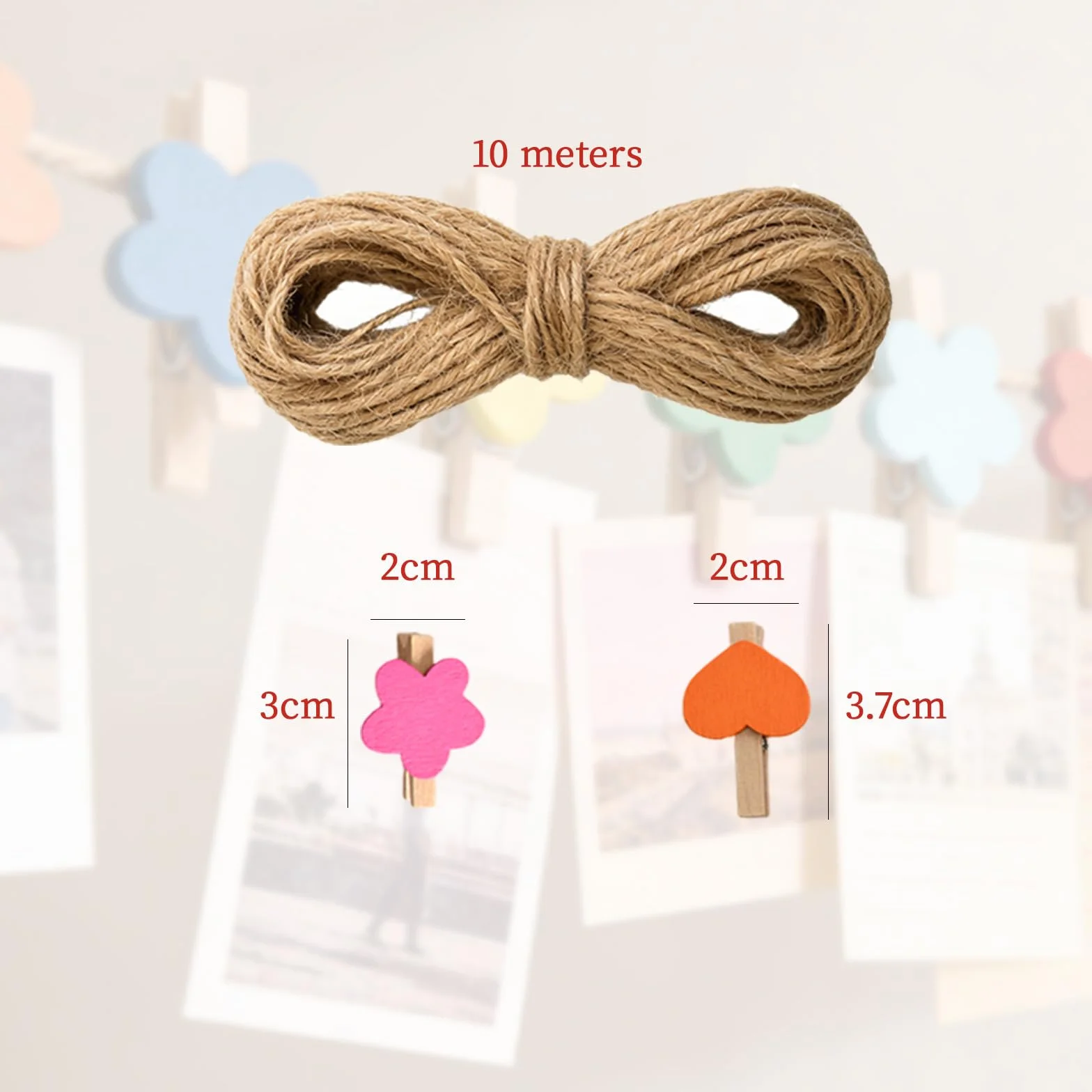 Pêle Mêle Photo Mural 100 Mini Pinces Bois Coeur Fleur 20 m Ficelle Jute 20 Clous sans Trace 3.7 x 2 cm Multicolore